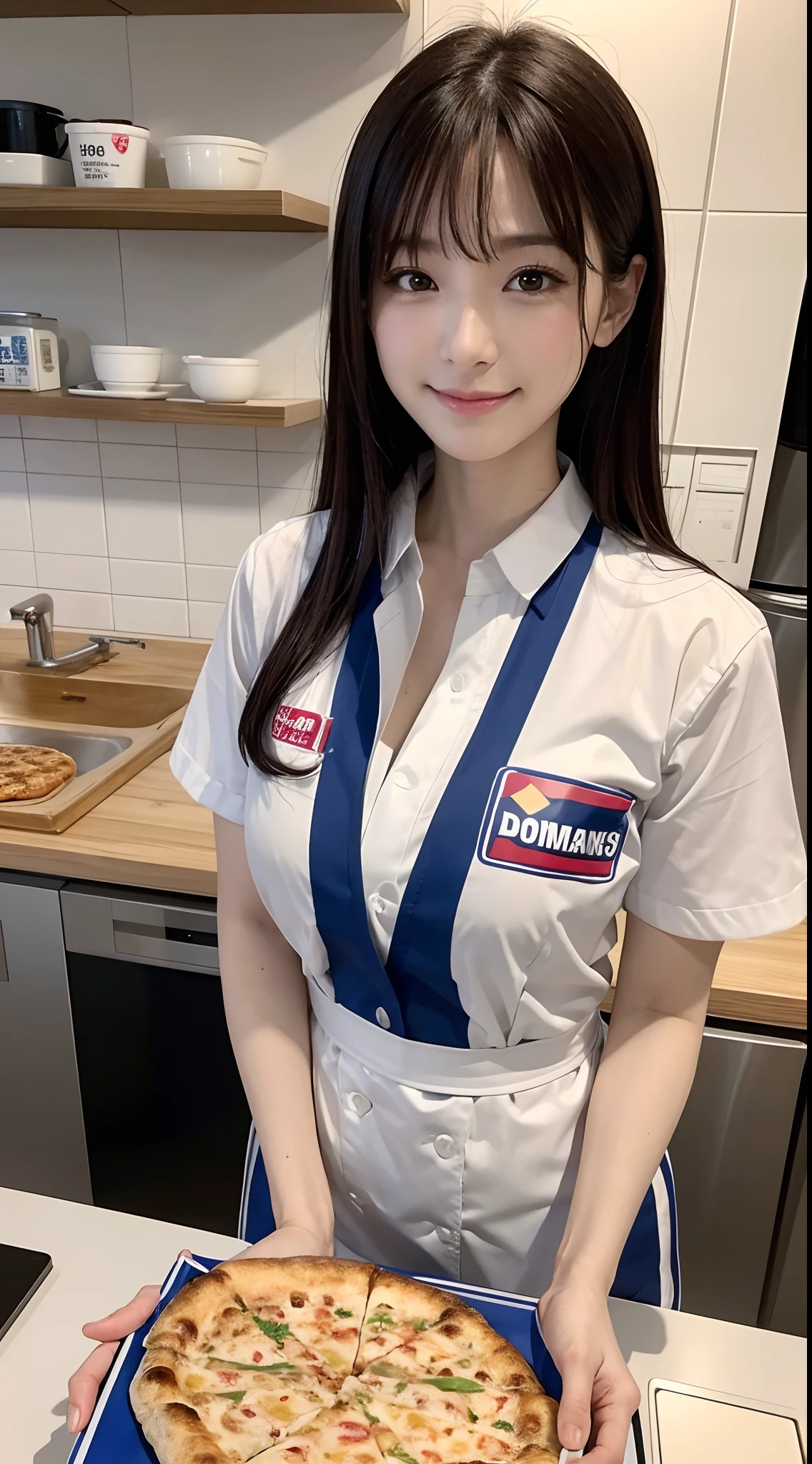 {8K Photo Quality:1.2}、{Ultra-high resolution photo quality:1.2}、{Super Real 1.2}、{Perfect limbs}、{japanes}、masutepiece、NSFW、1womanl、Wearing a Domino's Pizza uniform、Serving customers with a 恥ずかしそうな顔