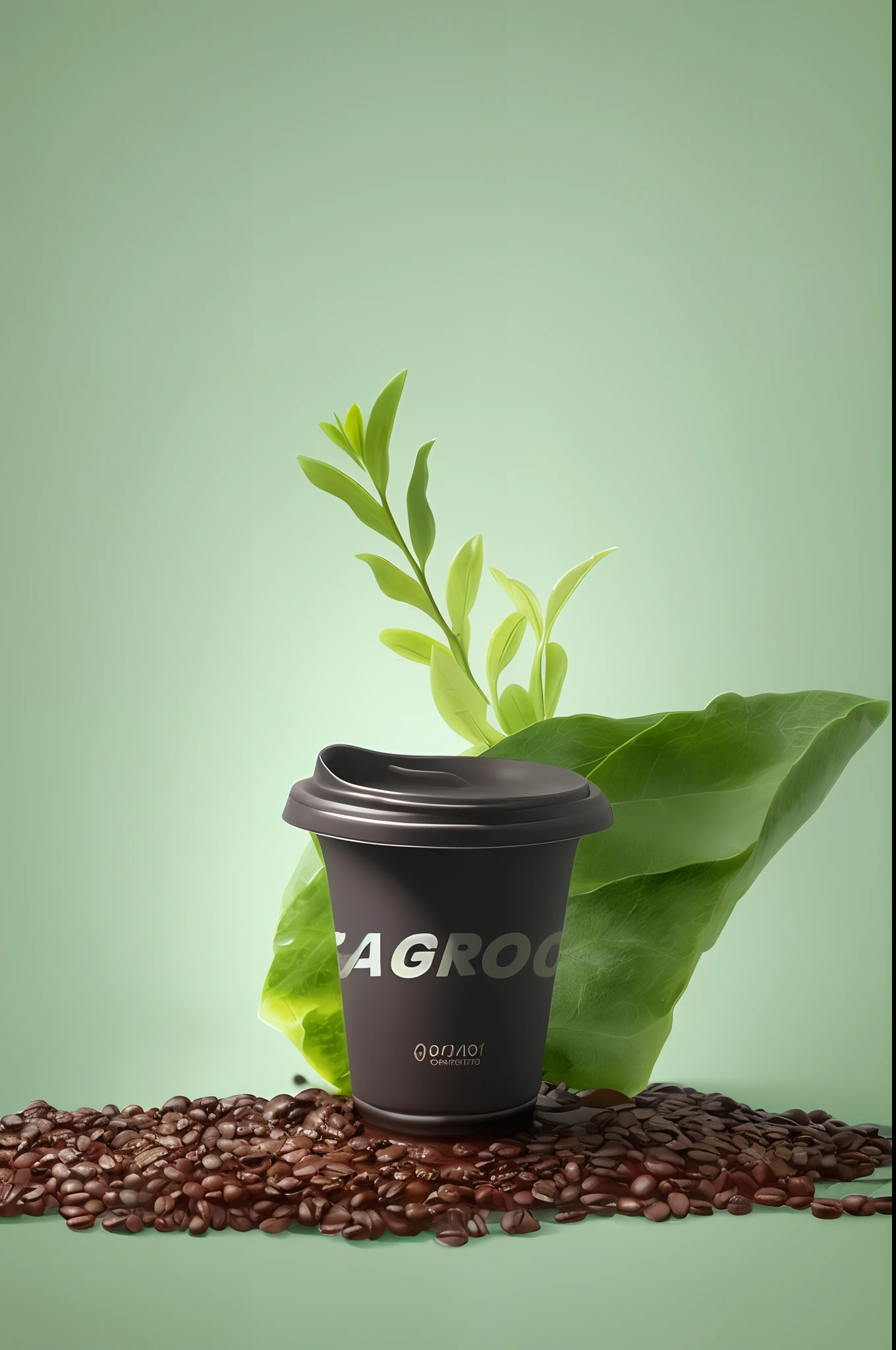 Black coffee cup，coffee bean，steins，green plant，Pale color background，Official image of the product