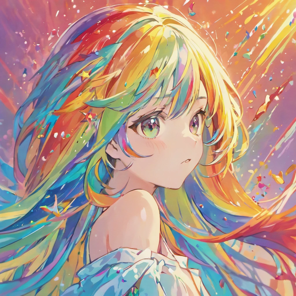 (Colorful hair: 1.8), (all the colours of the rainbow: 1.8),(((((Vertical Painting:1.6))), (Painting:1.6),front, comics, Illustrations, Painterly, Large eyes, Crystal clear eyes,( rainbow color gradient high ponytail:1.7), Exquisite makeup, Closed mouth,(Small fresh: 1.5),(Wipe Chest: 1.6) ,long eyelashes, white off shoulder T-shirt, White shoulder shirt,gaze at the audience, Large watery eyes, (rainbow-colored hair:1.6), Color splash, (Solo:1.8), Color splash, Color explosion, Thick paint style, Messy lines, ((Shining)),(Colorful), (Colorful), (Colorful), Colorful, Thick paint style, (Splash) (Color splash), Vertical Painting, Upper body, Paint splashes, Acrylic Pigment, gradient, paint, Highest image quality, Highest Quality, masutepiece, Solo, depth of fields, Face Paint, colourful clothes, (Elegant: 1.2), Gorgeous,Long hair, Wind, (Elegant: 1.3), (flower petals: 1.4),(((masutepiece))),(((Best Quality))),((Ultra-detailed)),(Illustration),(Dynamic Angle),((floating)),(paint),((disheveled hair)),(Solo),(1girl in) , (((Detailed anima face))),((beautifull detailed face)),Collar,Bare shoulders,White hair, ((Colorful hair)),((striated hair)),Beautiful detailed eyes,(Gradient color eyes),(((Colorful eyes))),(((Colorful background))),(((High color saturation))),(((Surrounded by colorful splashes))),