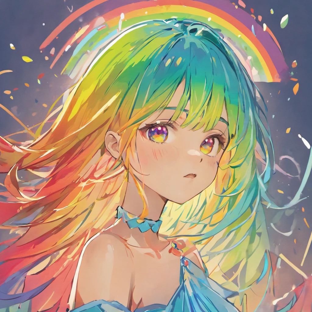 (Colorful hair: 1.8), (all the colours of the rainbow: 1.8),(((((Vertical Painting:1.6))), (Painting:1.6),front, comics, Illustrations, Painterly, Large eyes, Crystal clear eyes,( rainbow color gradient high ponytail:1.7), Exquisite makeup, Closed mouth,(Small fresh: 1.5),(Wipe Chest: 1.6) ,long eyelashes, white off shoulder T-shirt, White shoulder shirt,gaze at the audience, Large watery eyes, (rainbow-colored hair:1.6), Color splash, (Solo:1.8), Color splash, Color explosion, Thick paint style, Messy lines, ((Shining)),(Colorful), (Colorful), (Colorful), Colorful, Thick paint style, (Splash) (Color splash), Vertical Painting, Upper body, Paint splashes, Acrylic Pigment, gradient, paint, Highest image quality, Highest Quality, masutepiece, Solo, depth of fields, Face Paint, colourful clothes, (Elegant: 1.2), Gorgeous,Long hair, Wind, (Elegant: 1.3), (flower petals: 1.4),(((masutepiece))),(((Best Quality))),((Ultra-detailed)),(Illustration),(Dynamic Angle),((floating)),(paint),((disheveled hair)),(Solo),(1girl in) , (((Detailed anima face))),((beautifull detailed face)),Collar,Bare shoulders,White hair, ((Colorful hair)),((striated hair)),Beautiful detailed eyes,(Gradient color eyes),(((Colorful eyes))),(((Colorful background))),(((High color saturation))),(((Surrounded by colorful splashes))),