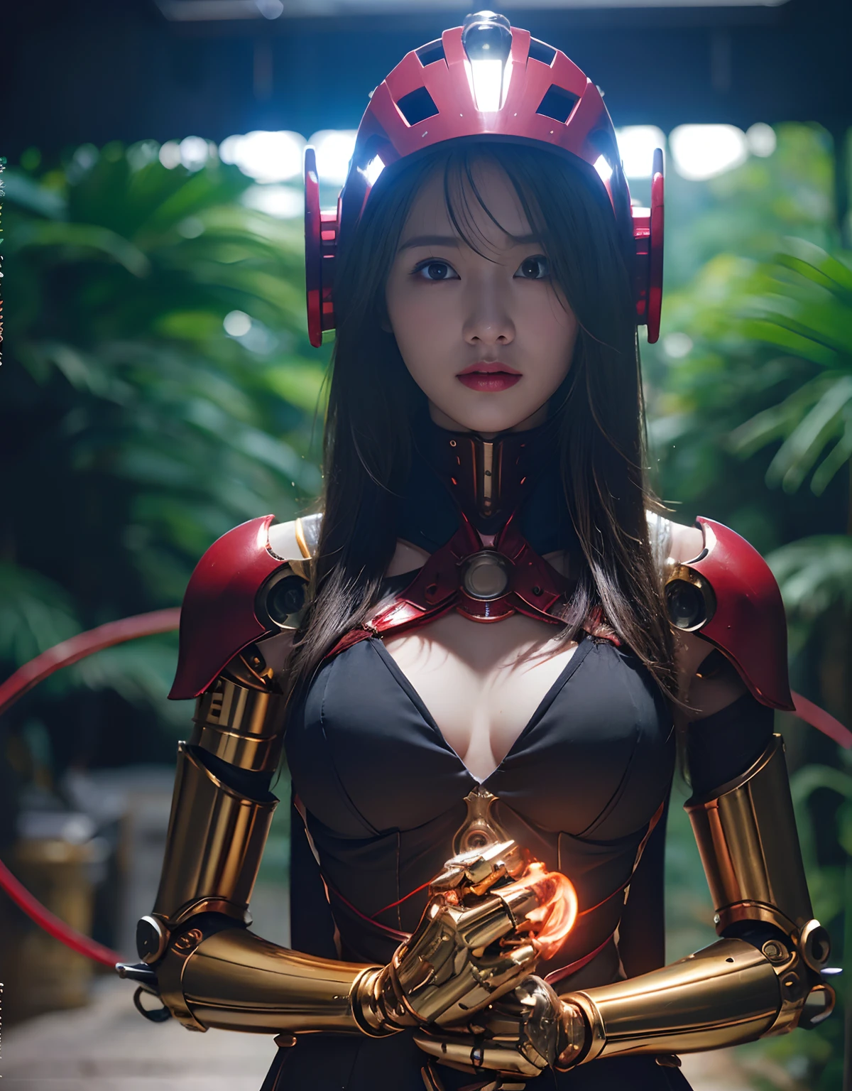 (1 Mechanical Girl)、top-quality、masterpiece、超A high resolution、(Photorealsitic:1.4)、Raw photo、1人、Golden hair、glowy skin、(((1 Mechanical Girl)))、With a beautiful knife、(Red Metal Bodysuit)、(Please wear a mechanical helmet)、(beautiful forest background)、Precipitous cliffs、(Small LED)、((super realistic details))、portlate、globalillumination、Shadow、octan render、(One-Eyed Scouter)、8K、ultrasharp、Colossal tits、Raw skin is exposed in cleavage、metals、Details of complex ornaments、Japan details、highly intricate detail、Realistic light、CGSoation Trends、Red Eyes、radiant eyes、Facing the camera、neon details、(Mechanical limbs)、(blood vessels connected to tubes)、Mechanical vertebrae attached to the back、mechanical cervical attaching to neck、(Wires and cables connecting to the head)、Gundam、Small LED、,Mechanical thighs、Toostock、(Hands are also made of machines)、(Please wear a mechanical helmet)、