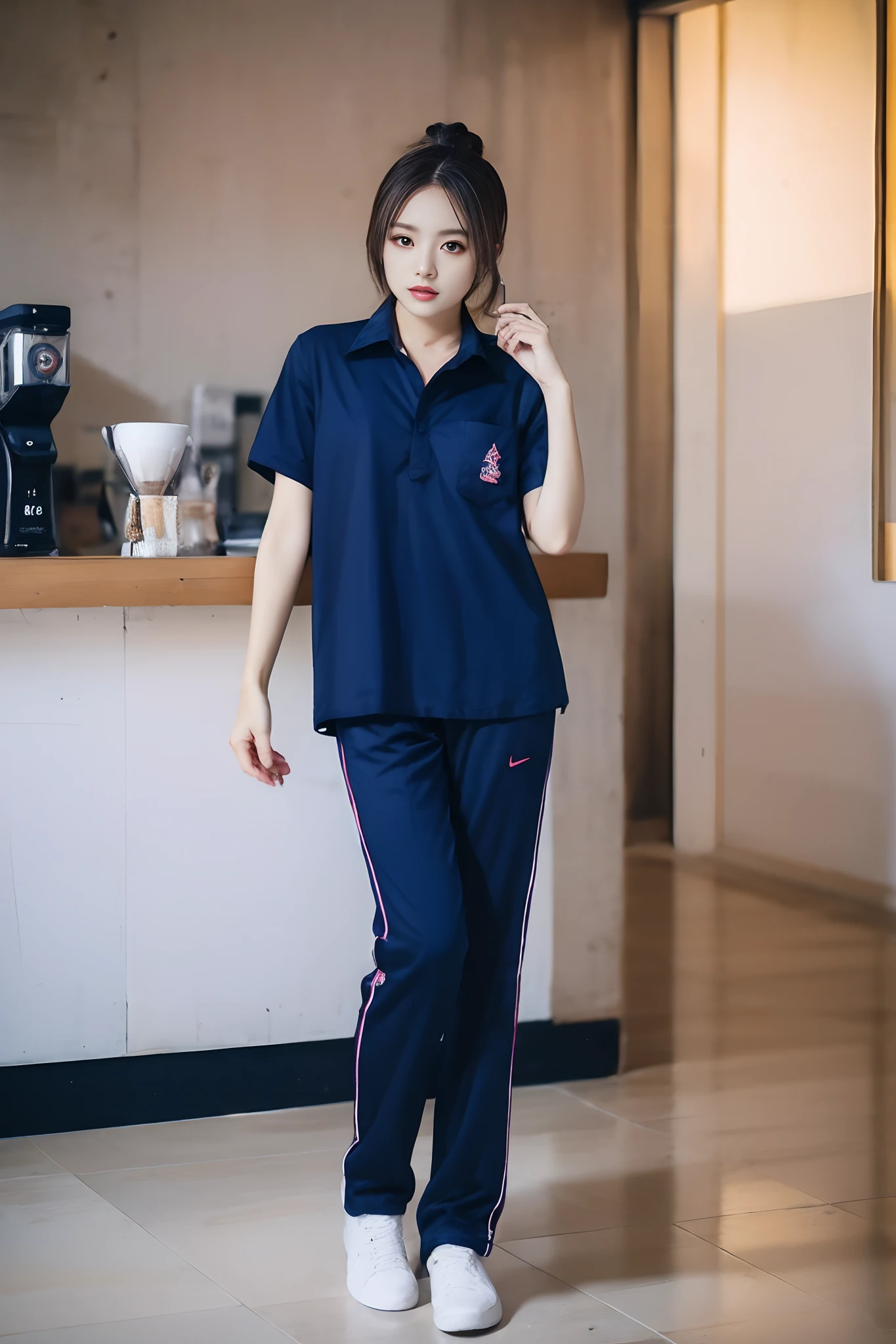 masterpiece, best quality, ultra realistic, hyper-detailed, 8k resolution, RAW photo, sharp focus, (2 girl in coffe shop), ((navy shirt:1.1)), short sleeves, long trackpant,full body pose, perfect body, mature female, 18yo, cinematic light,white shoes