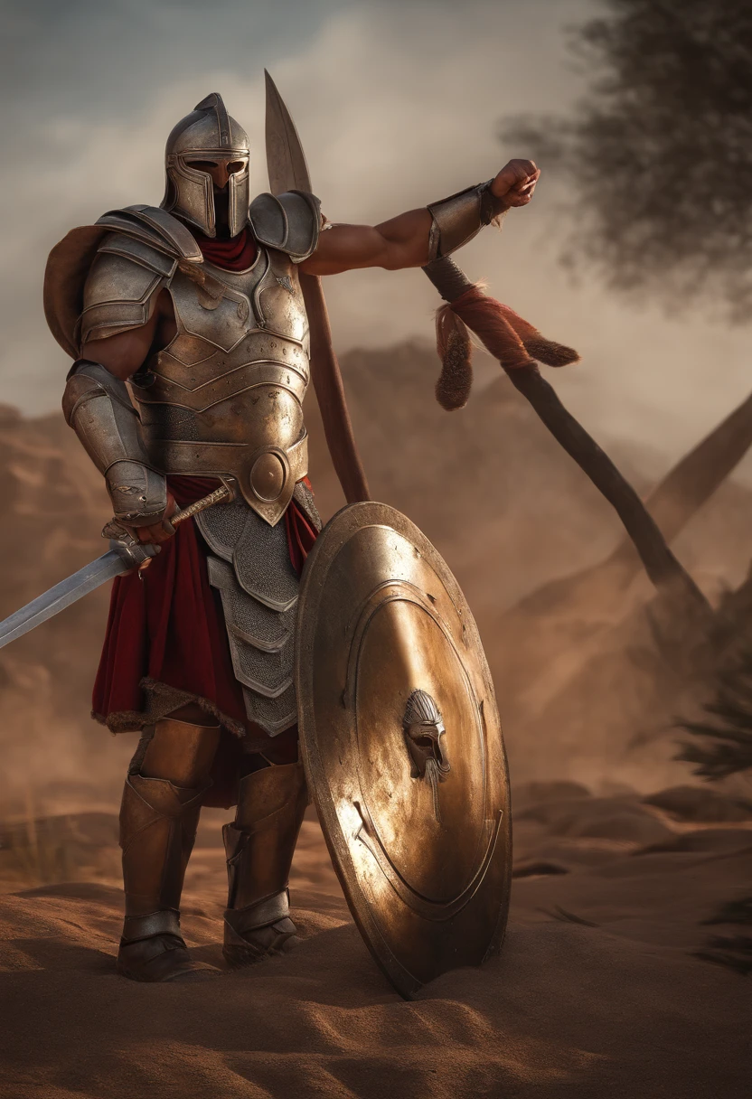 A realistic image of a 50 years old Spartan holding an sword on a hand and a spartan shield in the other hand, wearing a Spartan armor, on a Spartan war field background, perfect composition, beautiful detailed intricate insanely detailed octane render trending on artstation, 8k