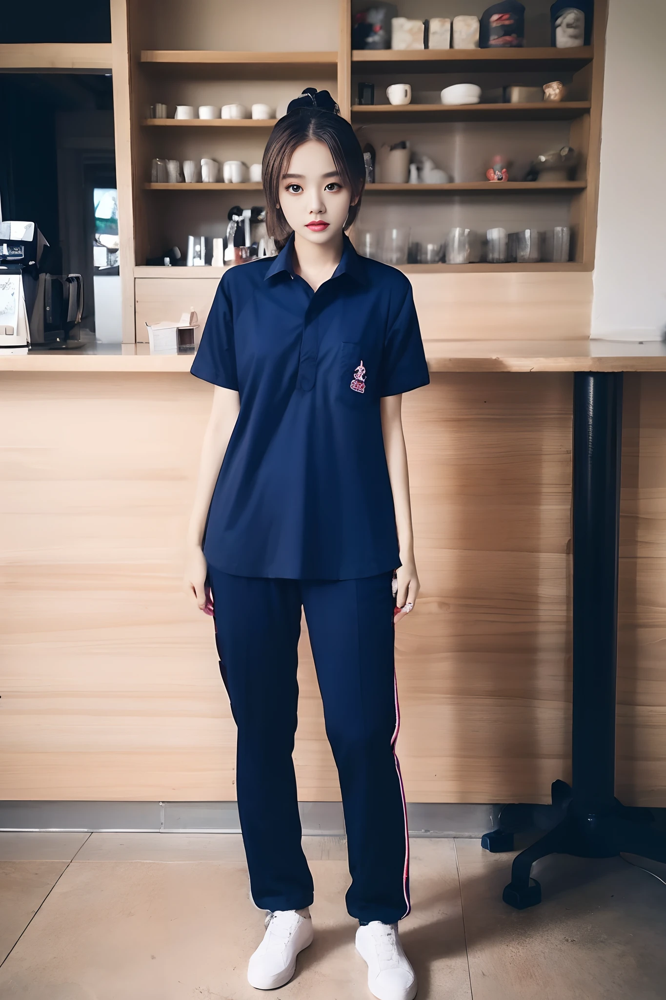 masterpiece, best quality, ultra realistic, hyper-detailed, 8k resolution, RAW photo, sharp focus, (2 girl in coffe shop), ((navy shirt:1.1)), short sleeves, long trackpant,full body pose, perfect body, mature female, 18yo, cinematic light,white shoes