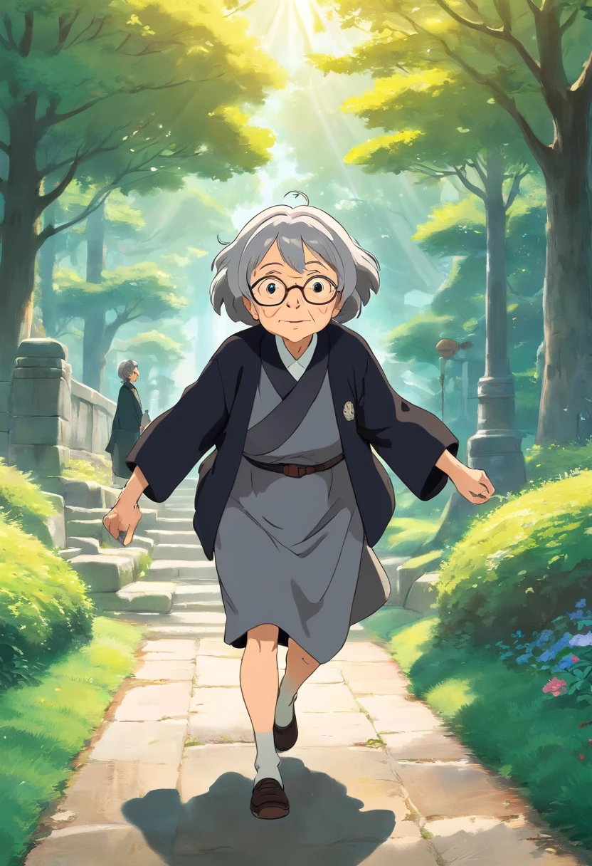 an old woman wearing a worn and tattered black and gray uniform, stumbling as she walks, eventually losing her balance and gracefully falling onto the ground in a picturesque park scene. The sunlight bathes the surroundings, casting a warm glow on the woman's aged features. The digital art captures the essence of her struggle, highlighting the emotions and vulnerability in her expression.