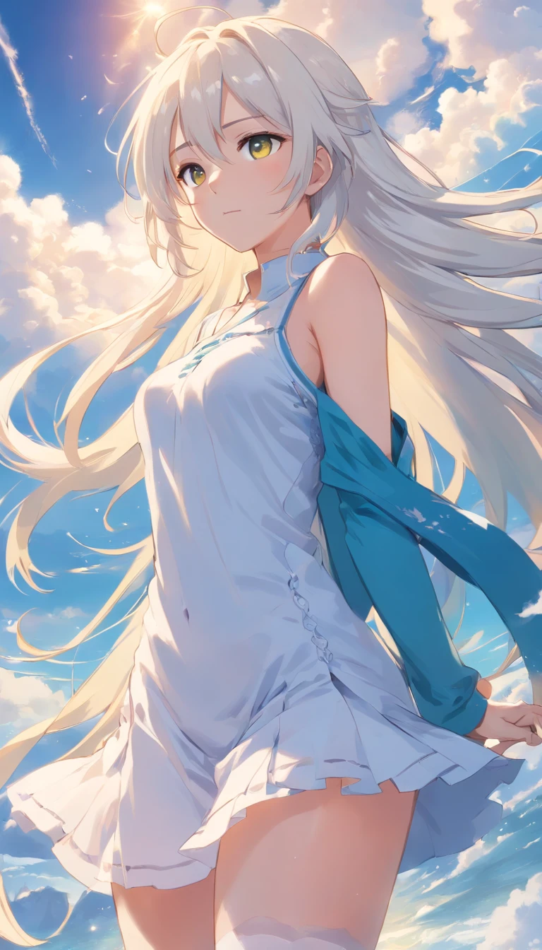 Golden eyes,Long white hair and white stockings,Cyan and blue clothes,Shoulders bare, China-style,Tall and tall,,Indifferent expression,Sea of clouds