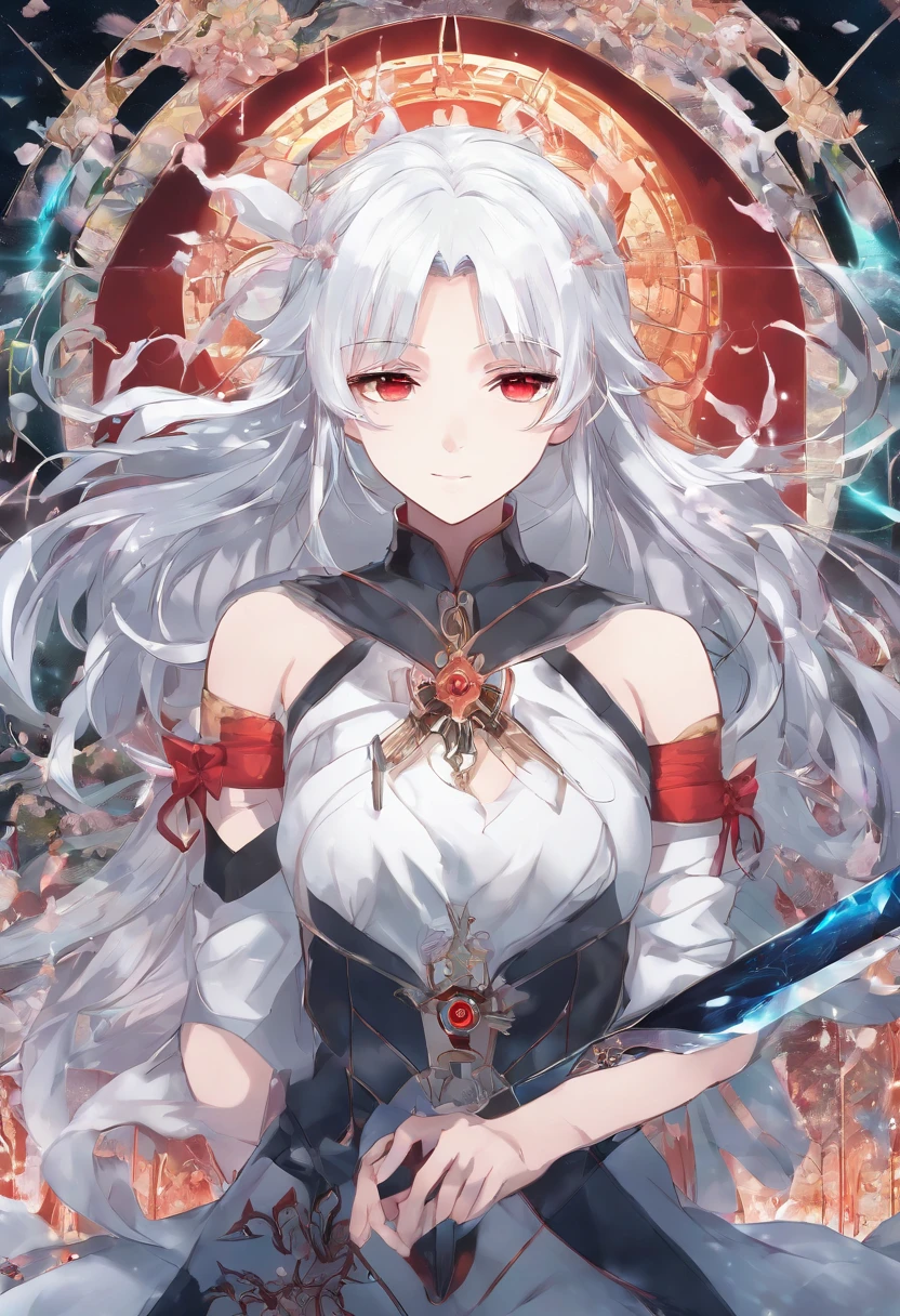 anime girl with white hair and red eyes holding a ice sword, ice magic circle, best anime 4k konachan wallpaper, white haired deity, zerochan art, anime art wallpaper 8 k, anime style 4 k, ufotable art style, detailed key anime art, anime art wallpaper 4 k, anime art wallpaper 4k, ryuko matoi, white haired, anime wallaper