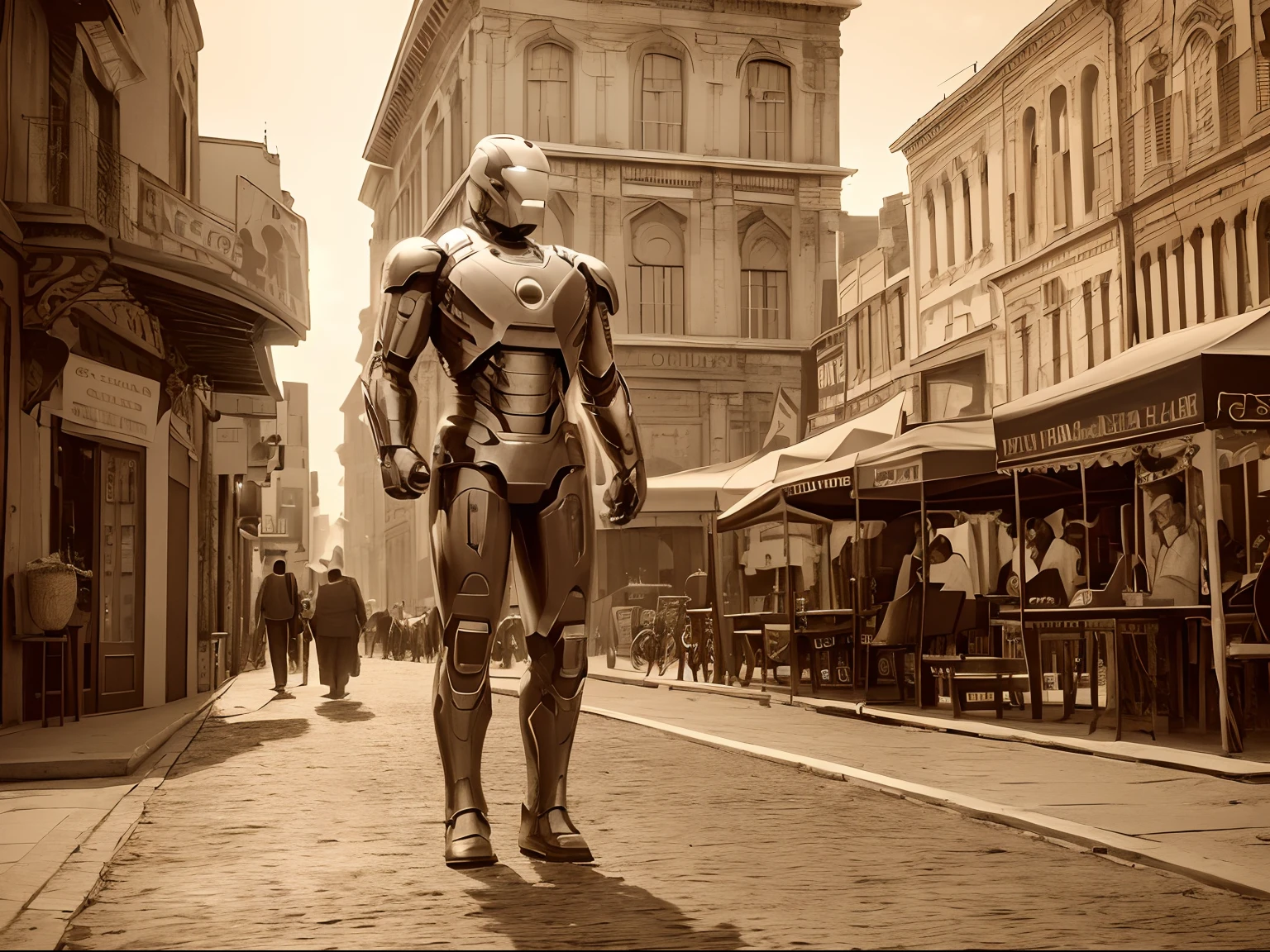 (best quality,4k,8k,highres,masterpiece:1.2), (classical), (historical), (Sepia tone), (noise), ultra-detailed, realistic:1.37, full body shot, Iron Man In the middle of town in 1924, old-fashioned, ancient atmosphere, vintage color tone, soft lighting, grainy texture, black and white, sepia effect, antique film style, old picture,