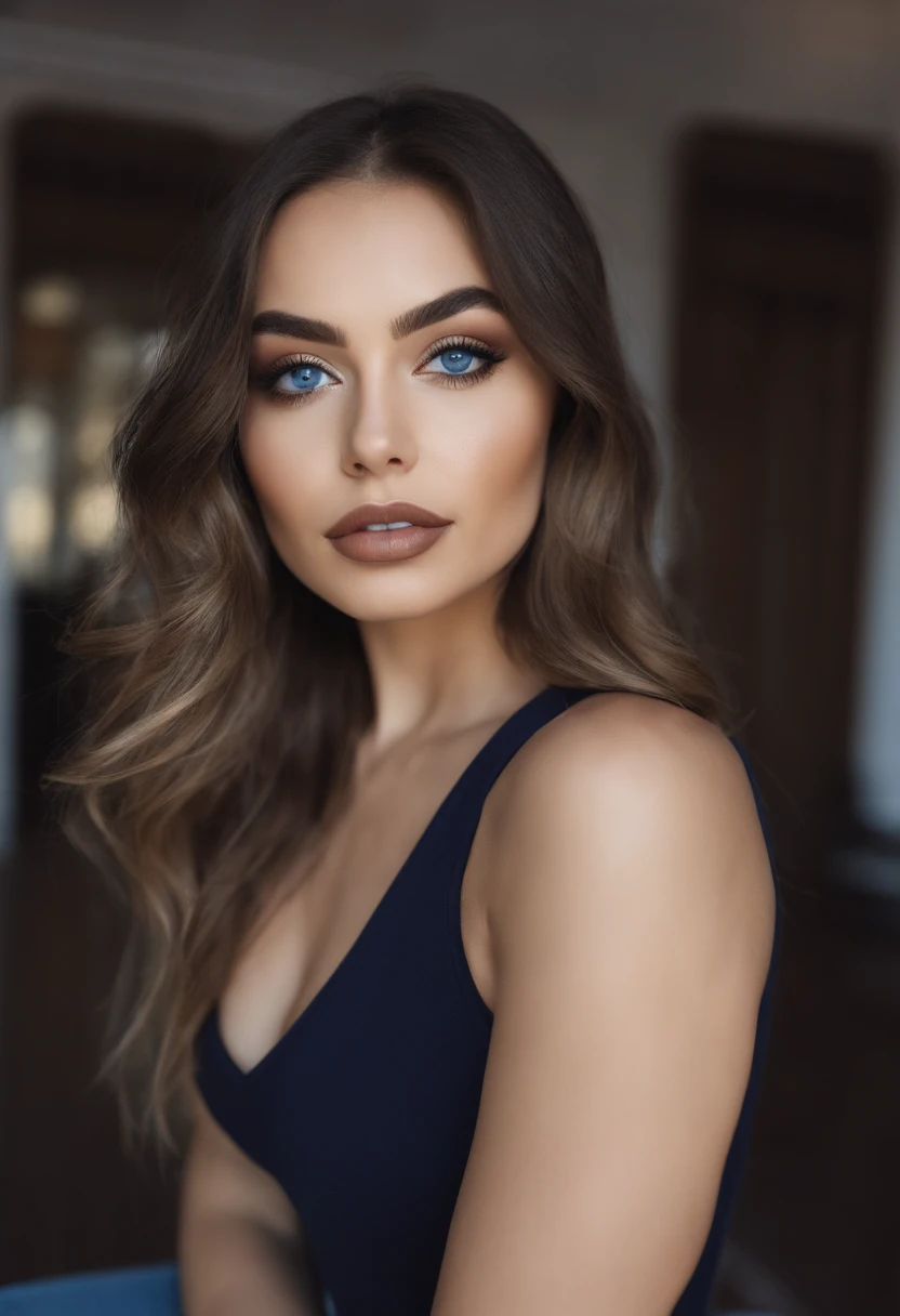 Arafed woman dressed for the occasion, Chica sexy con ojos azules, Retrato Sophie Mudd, cabello negro y ojos grandes, selfie de una mujer joven, Camera eyes, Violeta Myers, sin maquillaje, Maquillaje natural, staring directly into camera, cara con artgram, maquillaje sutil, Gran foto de cuerpo entero, penetrantes ojos azules, en el gimnasio, medio cuerpo