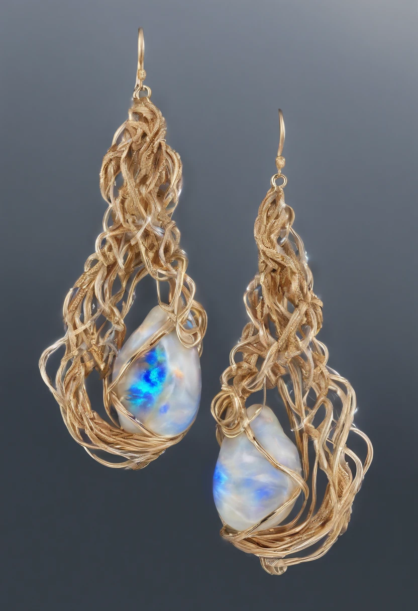 Gold wire woven flame earrings, Flames, Handmade, Traditional weaving techniques, Small size, Set with Boulder Opals, The main colors are blue and white, 8K resolution on bulbs – no soldering required