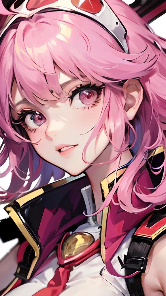 Close up portrait of a person in a red and white costume, knights of zodiac girl, Gainax anime style, Beautiful, shining pink armor, kinomoto sakura, style of macross, inspired by Matsumura Goshun, 80s anime ova style, Ryuko Matoi, Rei Hiroe