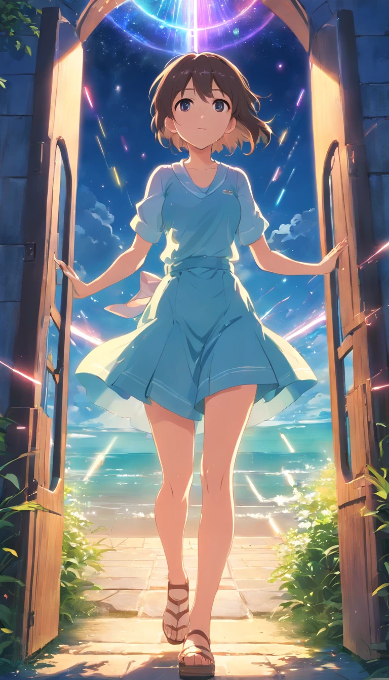 anime big breast、author：Shinkai sincerely、Faraway view、Landscapes、vanishing point、Outrageous resolution、A high resolution、ultra - detailed、The upper part shows the universe、Below is the sea、Bright atmosphere、fanciful、magia、Mare、In the daytime、Clean blue sky、The sun shines、prisms、beautiful light up、Bright lighting、Soft lighting、Many shining magic lights、Mysterious gate、(Spark:0.7)