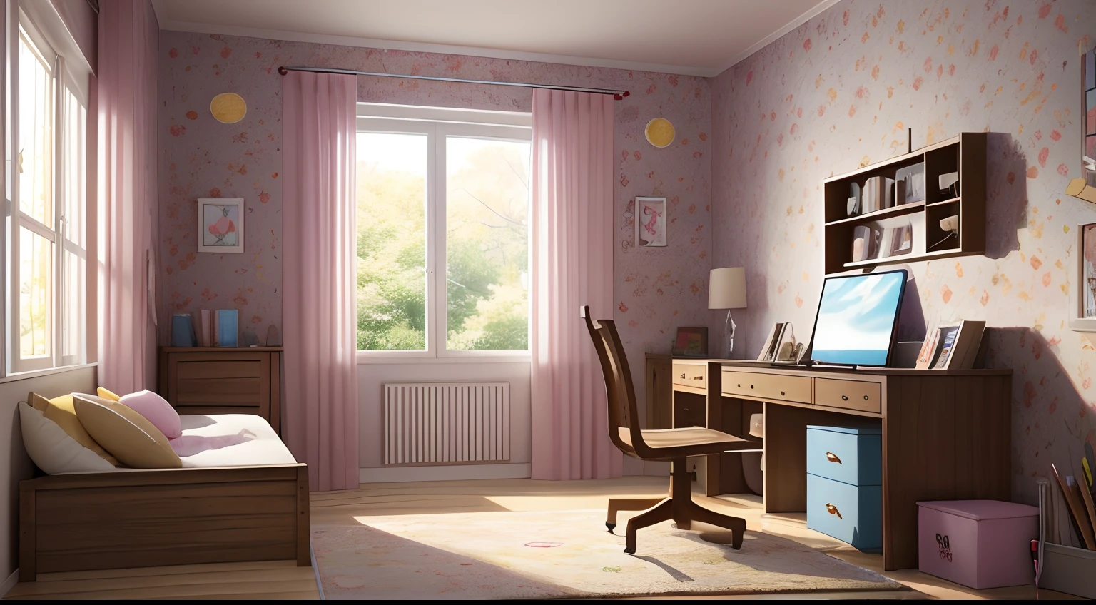 (best quality,4k,8k,highres,masterpiece:1.2),ultra-detailed(realistic,photorealistic,photo-realistic:1.37),anime bedroom background,soft lighting,pastel colors,girl lying on a cozy bed,dreamy atmosphere,delicate hand-painted textures,vibrant posters on the wall,fairy lights creating a warm glow,open window with curtains gently swaying,stack of manga books on a wooden shelf,tidy desk with art supplies and a drawing tablet,plush toys scattered on the floor,beautifully decorated walls with anime-themed art,tatami mat flooring,soft fluffy carpet,lovely wallpaper with cherry blossom pattern,peaceful and relaxing ambiance,soft background music playing,HDR,UHD,studio lighting,ultra-fine painting,sharp focus,physically-based rendering,extreme detail description,professional,vivid colors,bokeh.