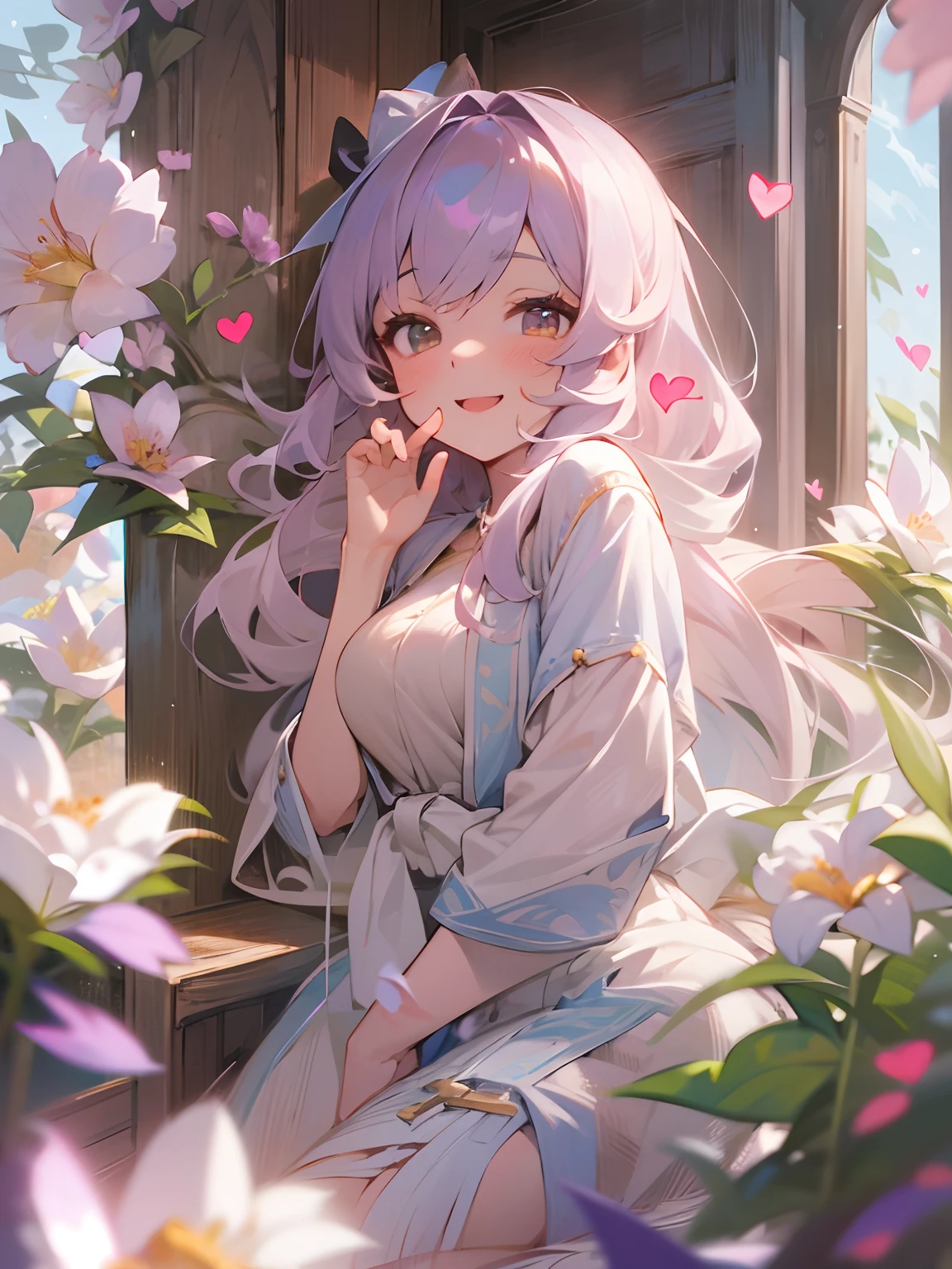 Shoulder out、hightquality、hight resolution、ultra-definition、Fine erotic、Tyndall phenomenon、Very pretty girl、A smile、floating hearts、Lovely flowers、dynamic ungle、the perfect body、reasonable structure、absurderes、outside of house、in 8K、Best Quality、