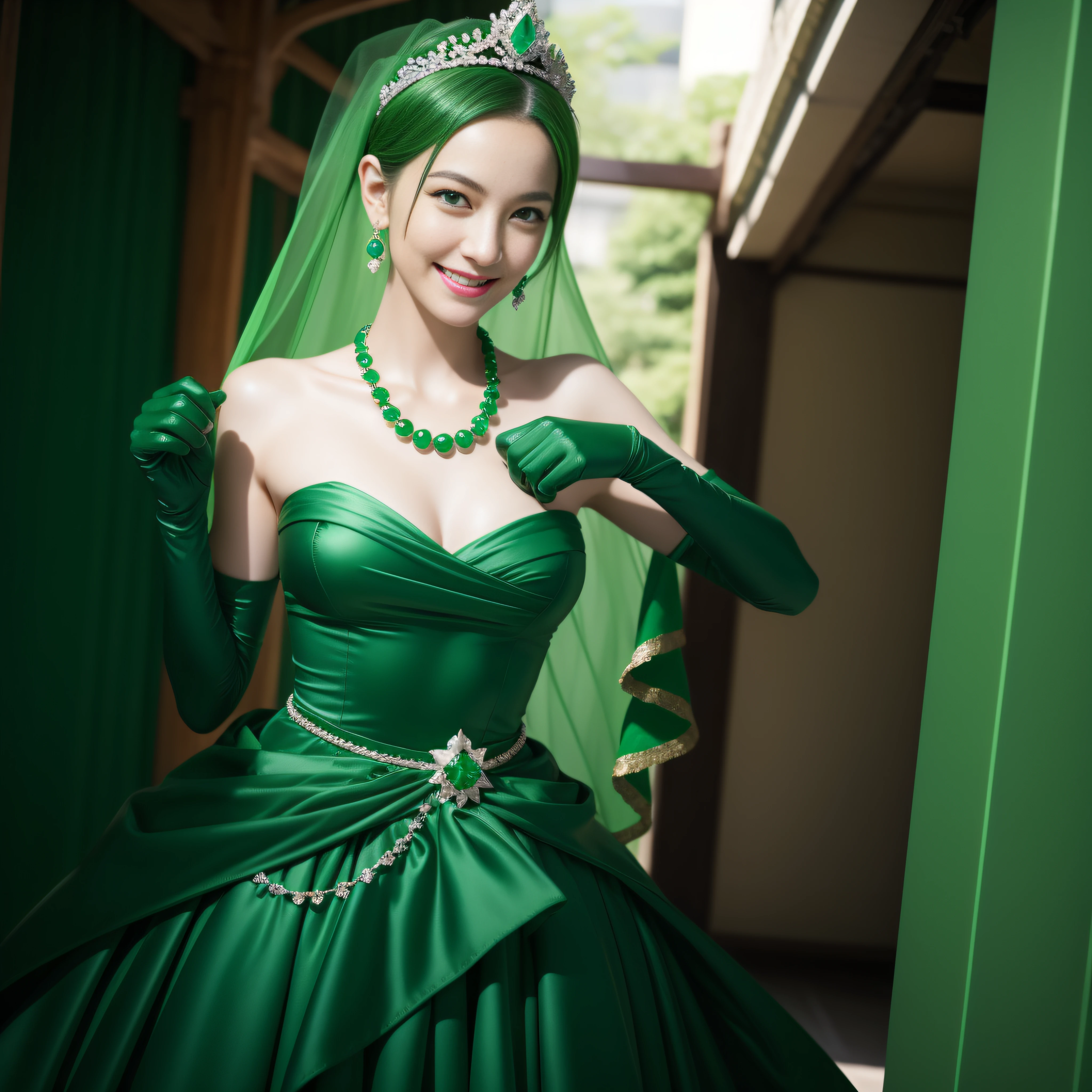 emerald tiara, Green Pearl Necklace, Boyish very short green hair, lipsticks, Japan woman smiling, very short short hair, fist, big breasts beautiful, Green eyes, Long green gloves made of satin material, Green eyes, Emerald Earrings
