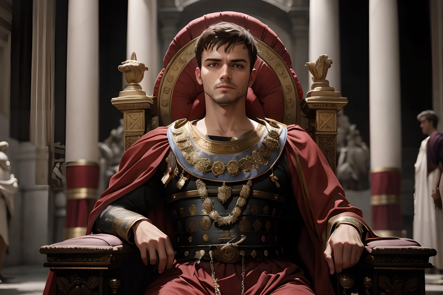 Generate a high-resolution digital image depicting the Incitatus horse, known for his special relationship with the Roman emperor Caligula, in an artistic depiction as Roman consul. Destaque Incitatus vestido com roupas cerimoniais e em um ambiente cerimonial, with elements that symbolize the office of consul, como a toga e a cadeira curul. Make sure the image conveys a sense of dignity and respect associated with this high public office."