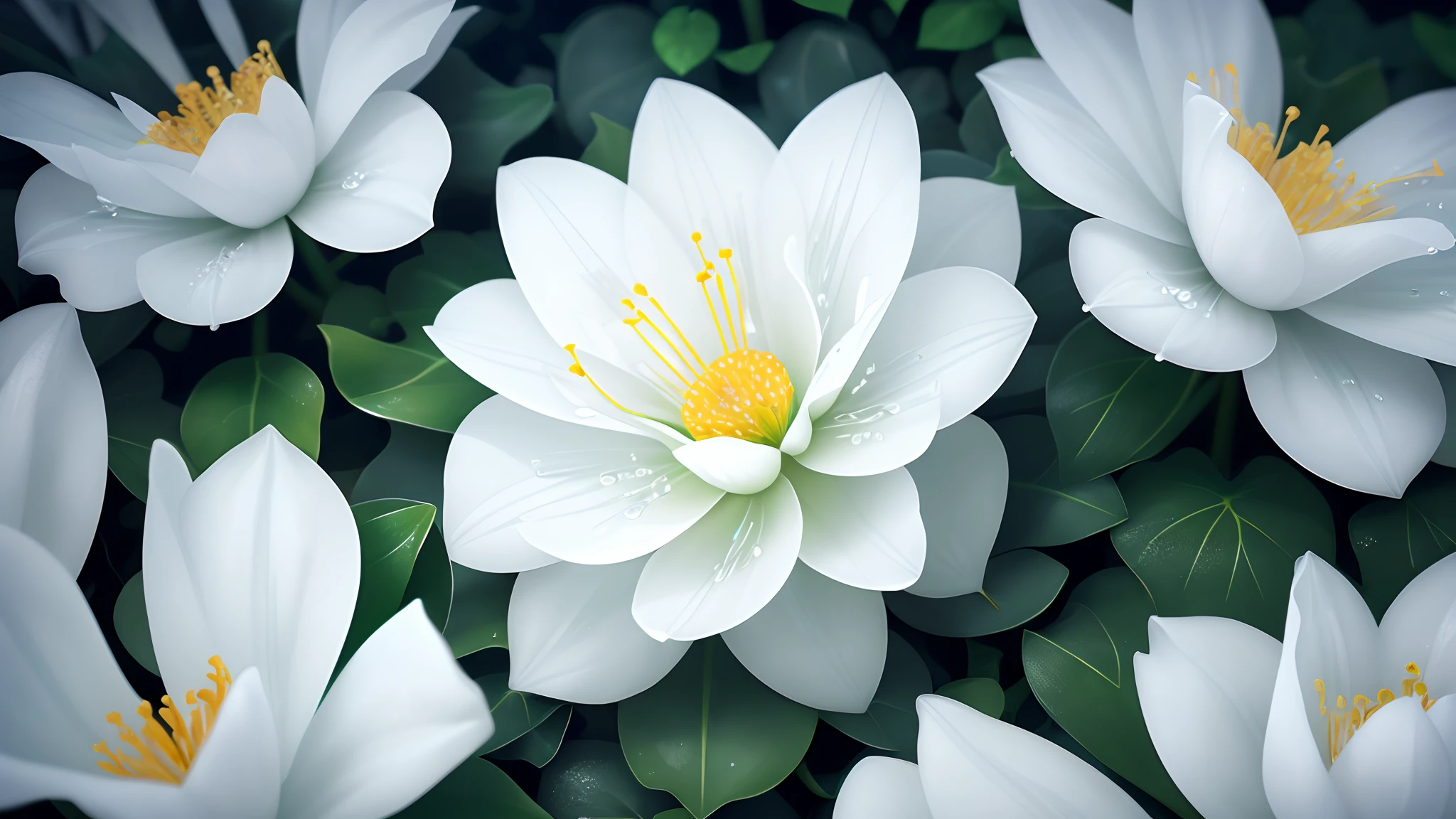 A white flower, transparent petals, as deep as sea water, crystal clear + dewdrops, 8K, HD, ivy, flowers, tropical plants