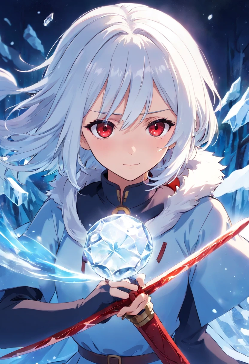 anime girl with white hair and red eyes holding a ice sword, ice magic circle, best anime 4k konachan wallpaper, white haired deity, zerochan art, anime art wallpaper 8 k, anime style 4 k, ufotable art style, detailed key anime art, anime art wallpaper 4 k, anime art wallpaper 4k, ryuko matoi, white haired, anime wallaper