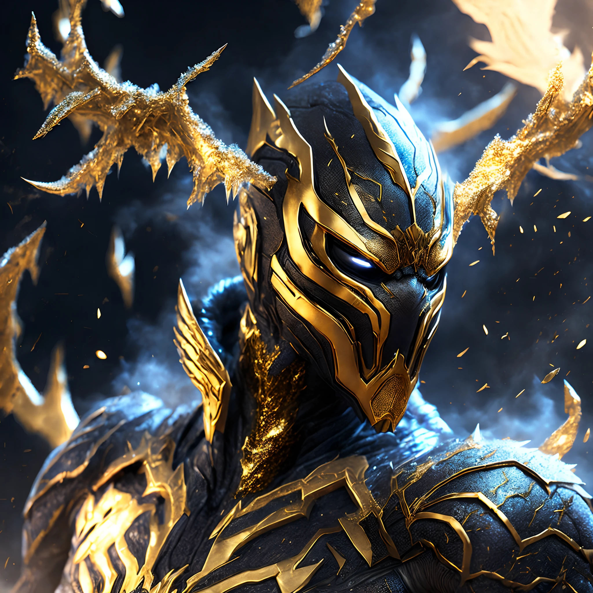 Close-up ( frozen gold venom from Marvel in Goth style: 1.3) emerging from the golden land, extremely detailed, smoke, sparks, metal shavings, flying debris, volumetric light