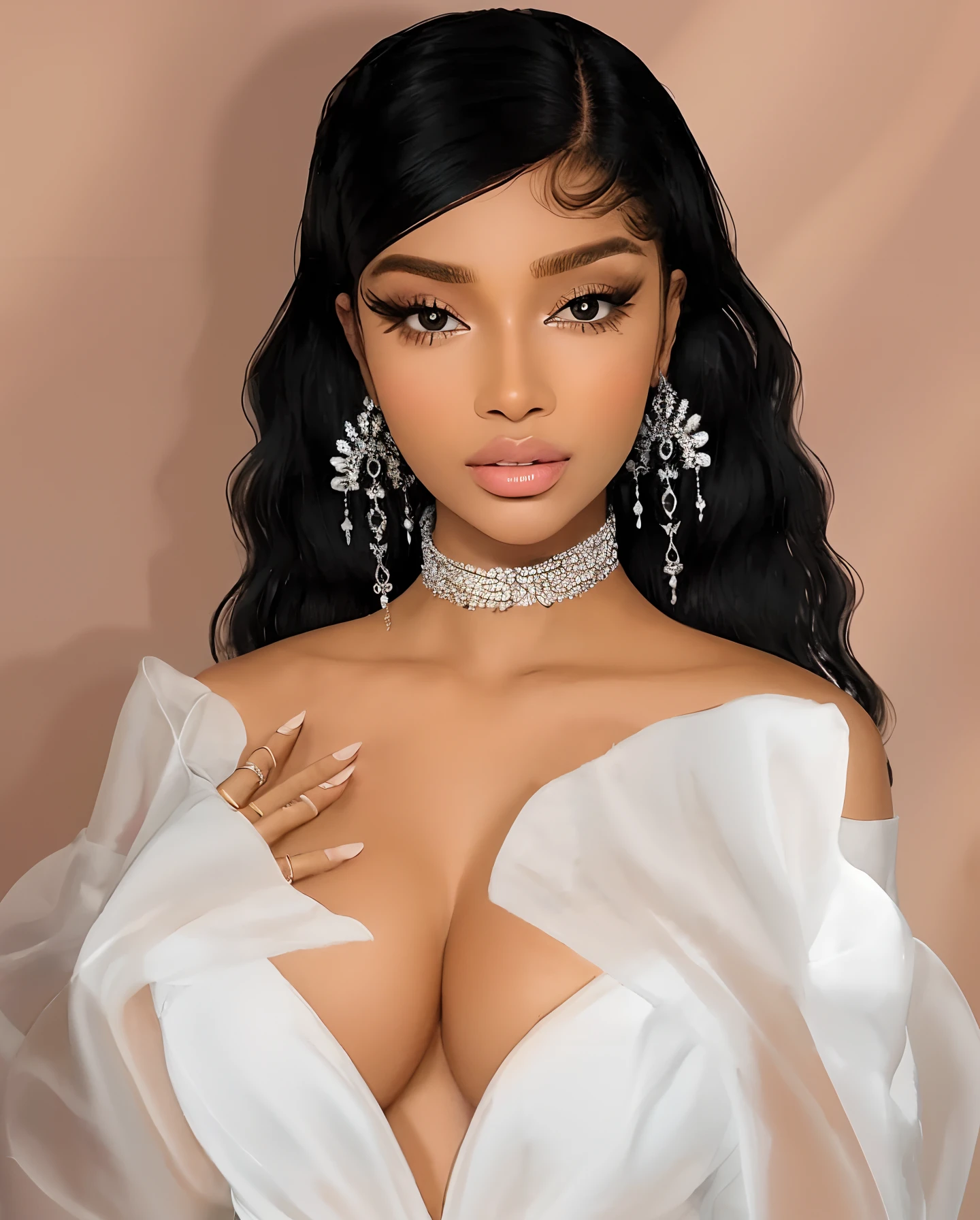 um desenho de uma mulher com um peito grande usando um vestido branco, IMVU, in illustration style digital, arte digital de um elegante, Cartoon style illustration, No estilo de arte de Bowater, ☁🌪🌙👩🏾, trending on artstration, ( ( pele escura ) ), estilo de arte impressionante, Arte digital 16K de alta qualidade, luxury fashion illustration