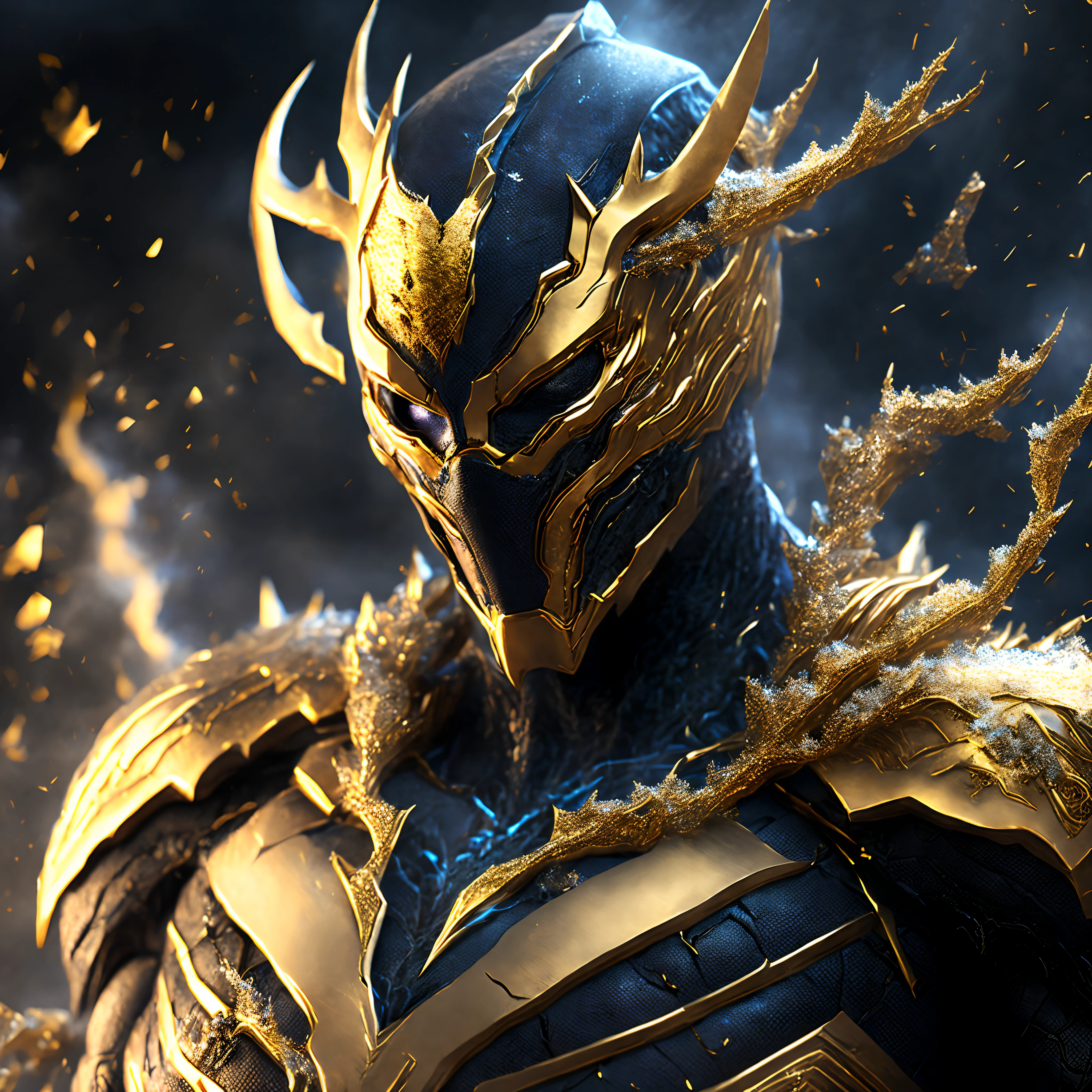 Close-up ( frozen gold venom from Marvel in Goth style: 1.3) emerging from the venomous ice, extremely detailed, smoke, sparks, metal shavings, flying debris, volumetric light