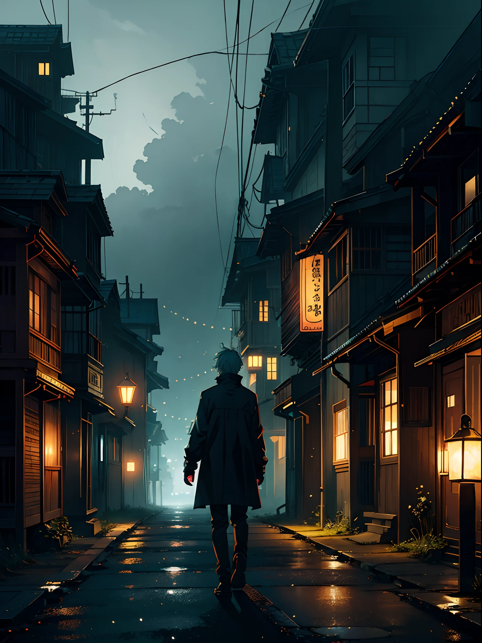 thick fog, Gloomy style, Ghost Town, Fireflies fly, anime guy, Transparent
