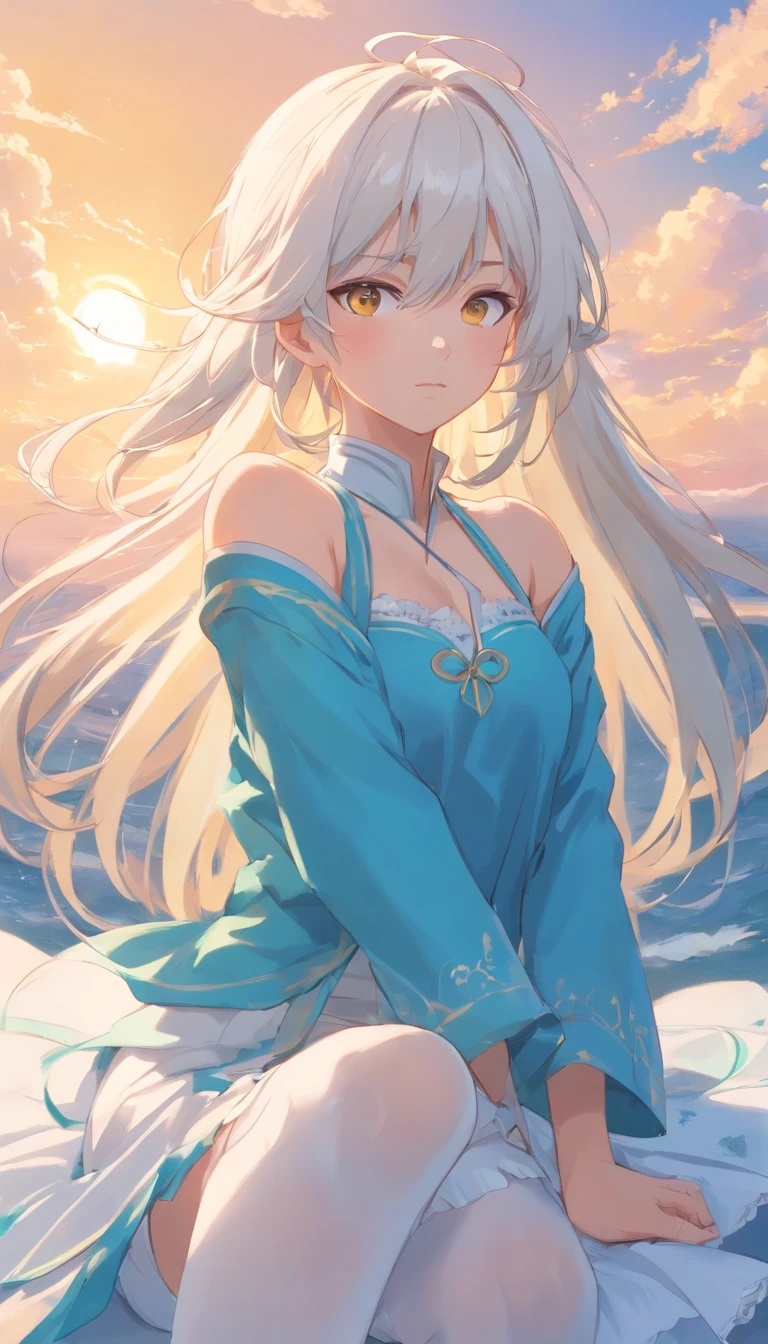 Golden eyes，Long white hair and white stockings，Cyan and blue clothes，Shoulders bare， China-style，Tall and tall，，Indifferent expression，Sea of clouds