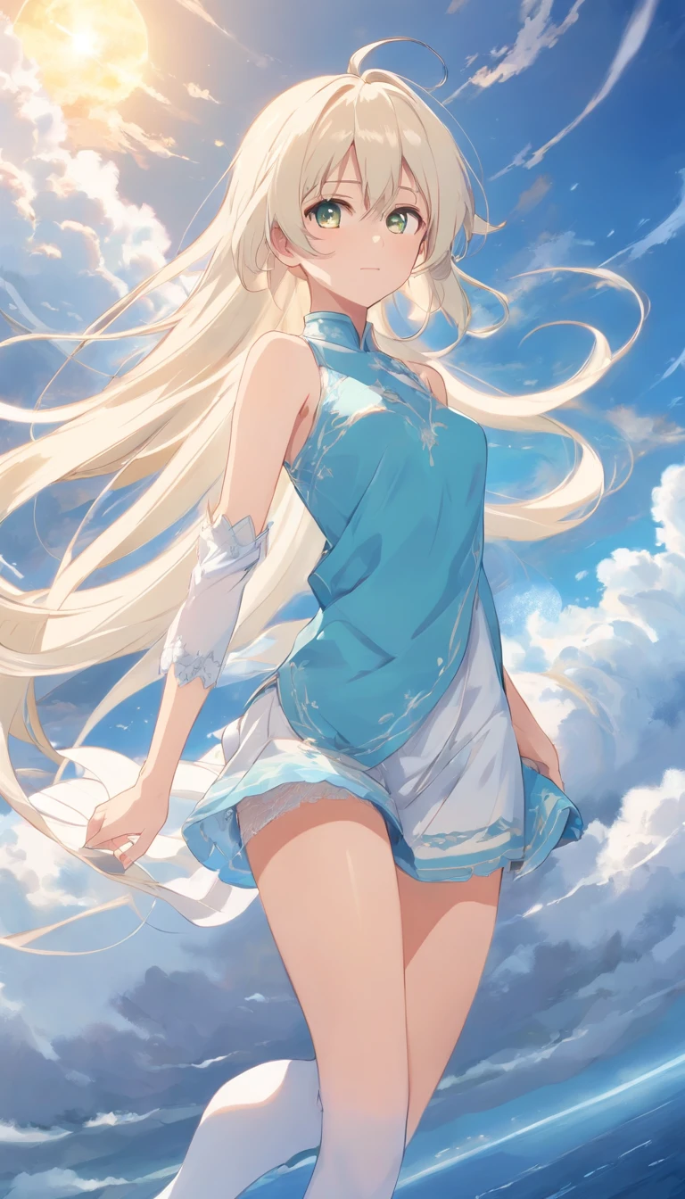 Golden eyes,Long white hair and white stockings,Cyan and blue clothes,Shoulders bare, China-style,Tall and tall,,Indifferent expression,Sea of clouds