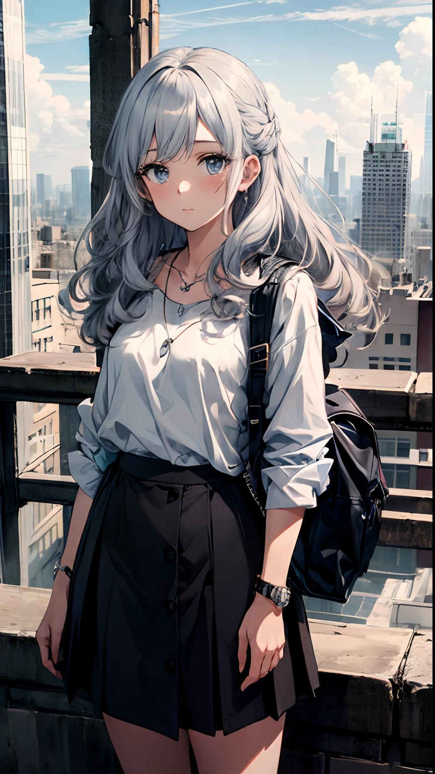 best quality,masterpiece,1girl,silver hair,disheveled hair,curly_hair,shirt,skirt,kawaisou,JK,red_bow,watchi,necklace,cityscape,8k raw photo,ultra high res,highest detailed,intricate,8k,HDR,