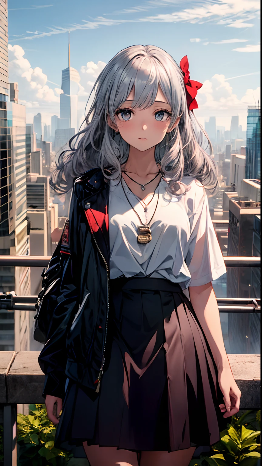 best quality,masterpiece,1girl,silver hair,disheveled hair,curly_hair,shirt,skirt,kawaisou,JK,red_bow,watchi,necklace,cityscape,8k raw photo,ultra high res,highest detailed,intricate,8k,HDR,