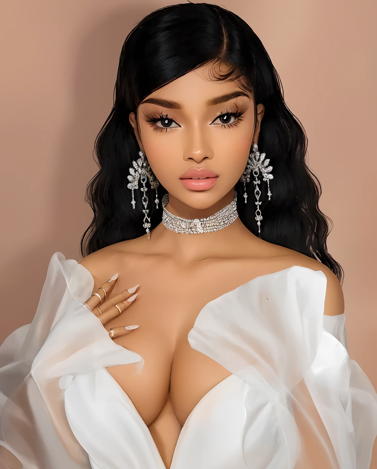 um desenho de uma mulher com um peito grande usando um vestido branco, IMVU, in illustration style digital, arte digital de um elegante, Cartoon style illustration, No estilo de arte de Bowater, ☁🌪🌙👩🏾, trending on artstration, ( ( pele escura ) ), estilo de arte impressionante, Arte digital 16K de alta qualidade, luxury fashion illustration