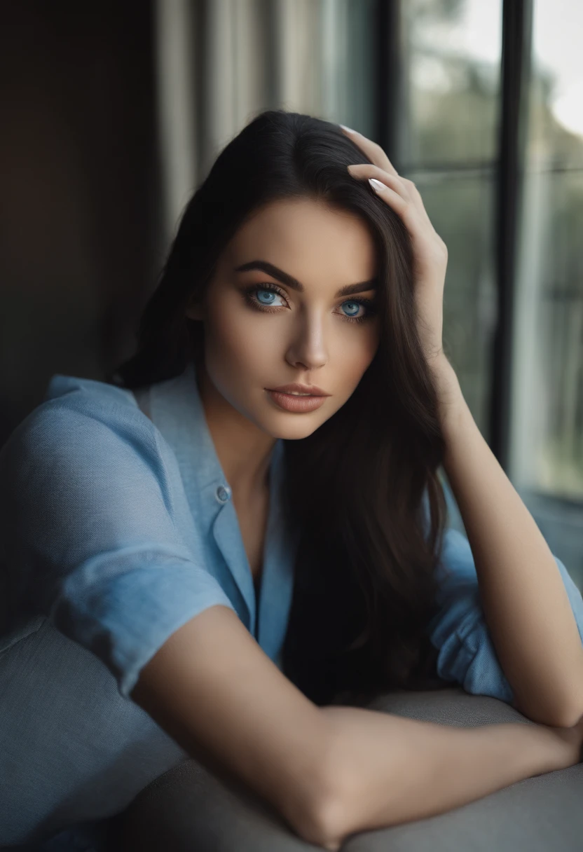 Arafed woman dressed for the occasion, Sexy girl with BLUE eyes, Portrait Sophie Mudd, black hair and big eyes, selfie of a young woman, Camera eyes, Violet Myers, No makeup, Natural makeup, Looking directly into the camera, Face with Artgram, Subtle makeup, Great full body photo, penetrating blue eyes, on THE GOLF, half body
