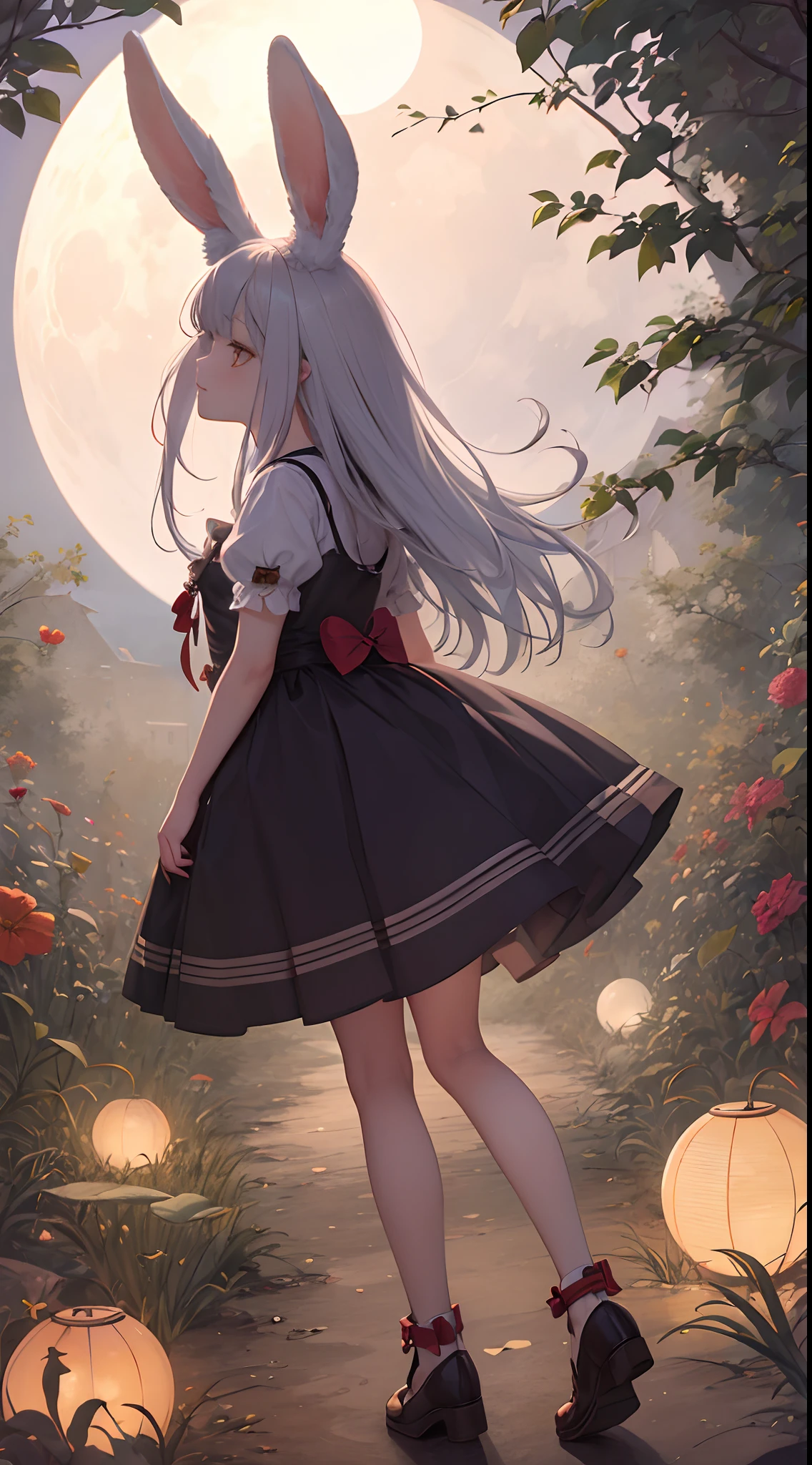 a hare,anthropomorphism art style,solo,love,heart,rabbit girl,full moon,candy,
