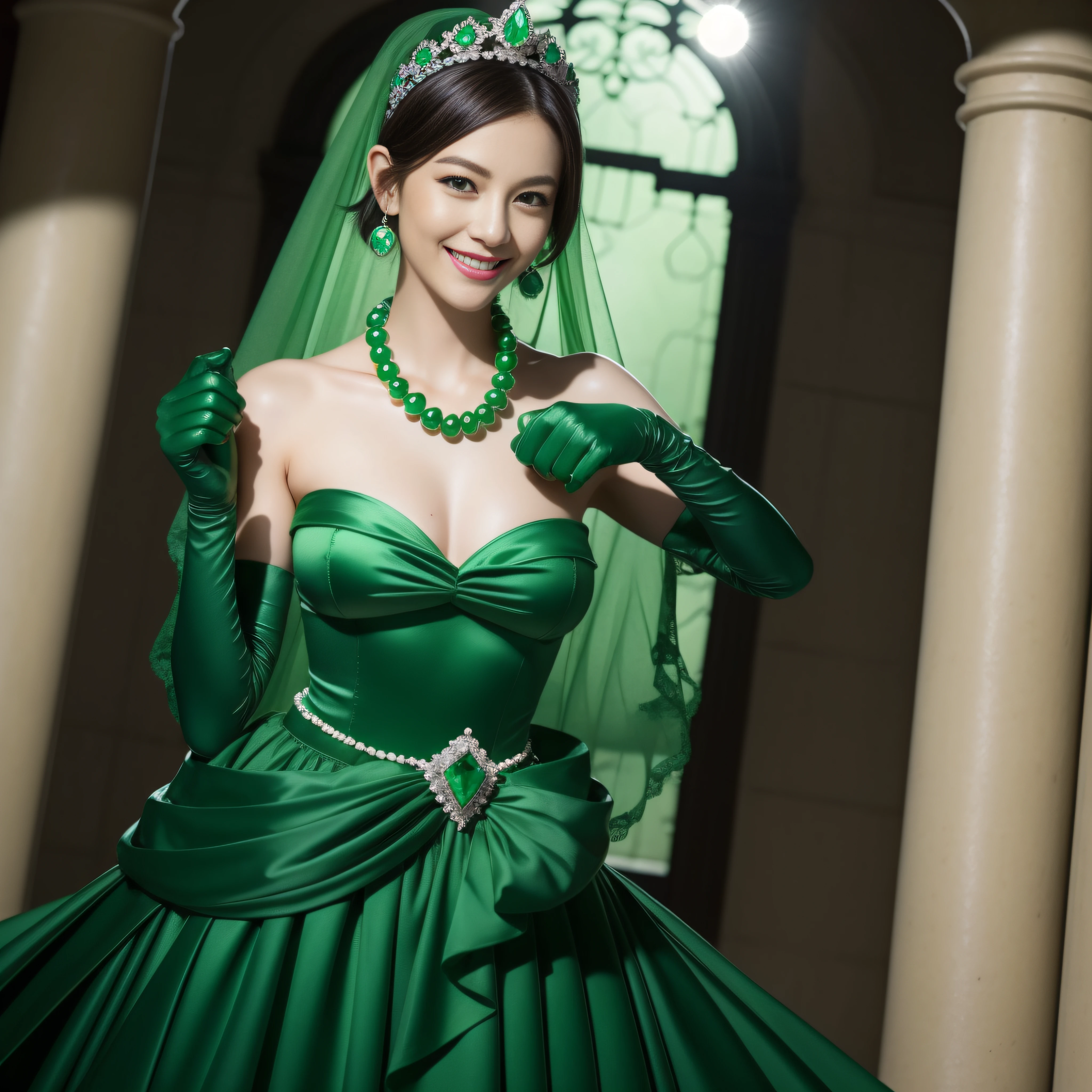 emerald tiara, Green Pearl Necklace, Boyish very short green hair, lipsticks, Japan woman smiling, very short short hair, fist, big breasts beautiful, Green eyes, Long green gloves made of satin material, Green eyes, Emerald Earrings