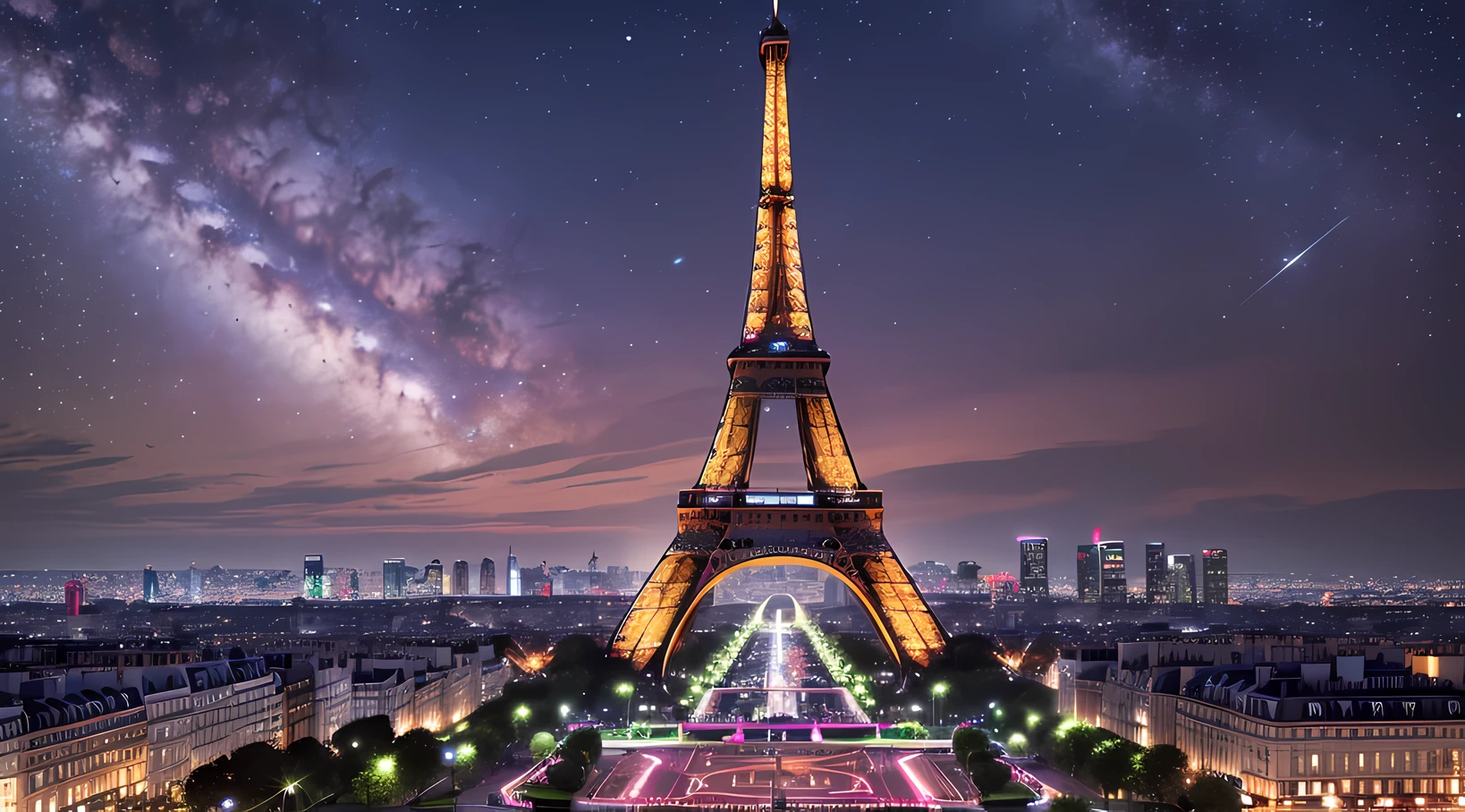 The Eiffel Tower、The Eiffel Tower overlooks the streets of Paris、Eiffel Tower renovated in 2077、The Eiffel Tower has a stronger presence than conventional objects、Eiffel Tower in the near future、Eiffel Tower at night、Eiffel Tower illuminated by neon lights、night cityscape、full body, drone photography