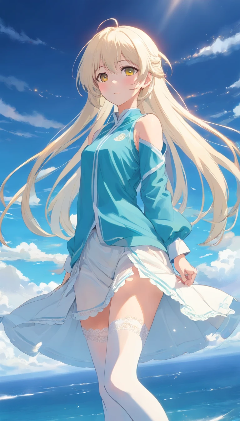 Golden eyes,Long white hair and white stockings,Cyan and blue clothes,Shoulders bare, China-style,Tall and tall,,Indifferent expression,Sea of clouds