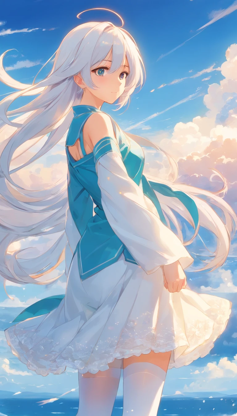 Golden eyes,Long white hair and white stockings,Cyan and blue clothes,Shoulders bare, China-style,Tall and tall,,Indifferent expression,Sea of clouds