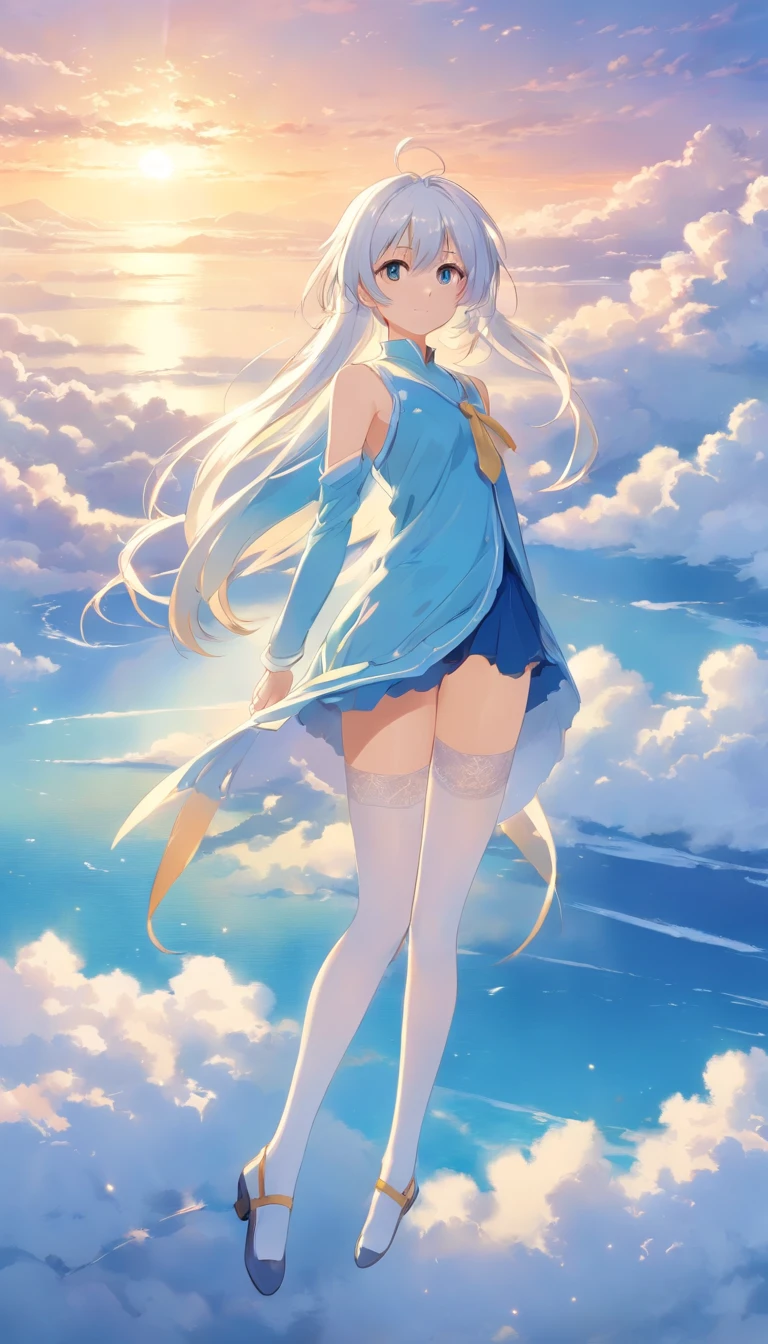 Golden eyes，Long white hair and white stockings，Cyan and blue clothes，Shoulders bare， China-style，Tall and tall，，Indifferent expression，Sea of clouds