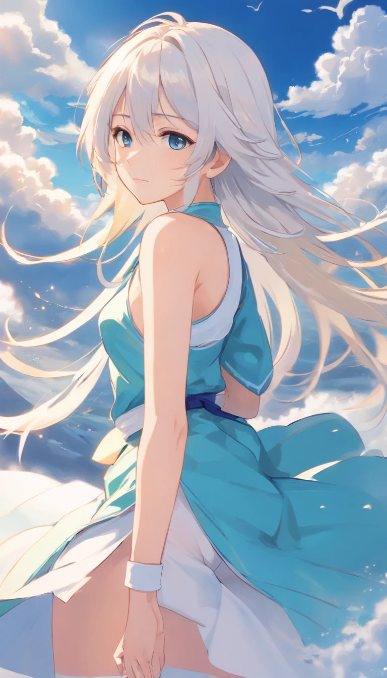 Golden eyes,Long white hair and white stockings,Cyan and blue clothes,Shoulders bare, China-style,Tall and tall,,Indifferent expression,Sea of clouds