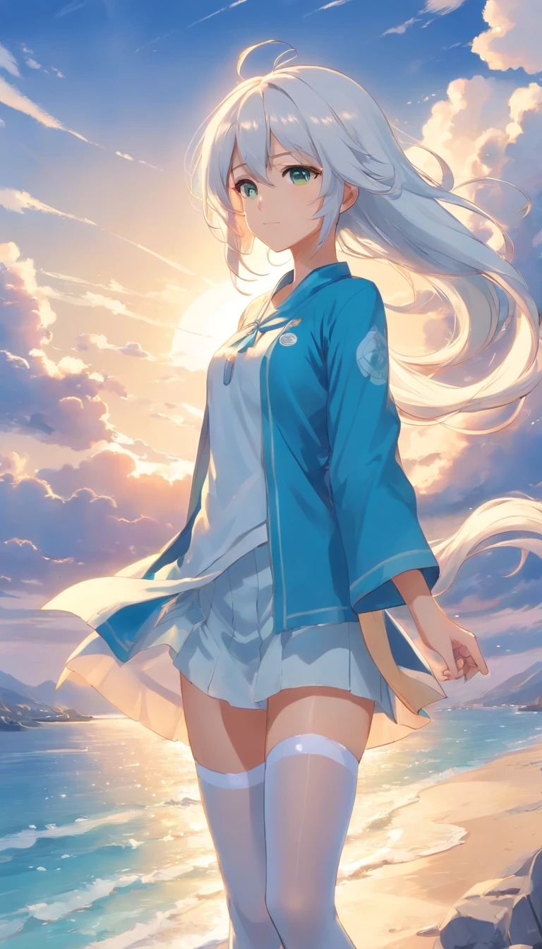 Golden eyes,Long white hair and white stockings,Cyan and blue clothes,Shoulders bare, China-style,Tall and tall,,Indifferent expression,Sea of clouds