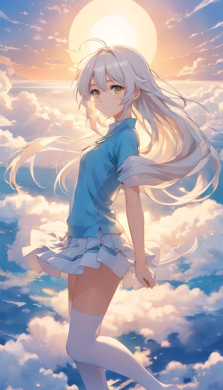 tmasterpiece,best qualtiy,cinematic Film still from,1girl,Cloud Girl,Floating in the sky,closeup cleavage,brightly,cheerfulness,Warm and soft lighting,the sunset,(spark of light:0.7)1girll, Creatures inside, MuCoi\(substance\), A detailed, terroral, iintricate, , tmasterpiece, Best quality at best, Highly detailed pixel art:1.2,1girll【4K,Masterpiece,Best quality)),Squat on the ground and spread your legs,Spread your legs,Spread your legs,Open gear,full bodyesbian, Smooth skin, Solo, waist-length hair, The dew of the dew, Erotic , Huge breasts, Burst breasts, nedium breasts, Super huge breasts。 Very large, extra very long hair,White yarn silk trench coat,Light white silk clothes,Black over-the-knee suspender stockings,Very short pleated skirt,Clear open crotch panties, hindquarters, Cocked buttocks, dishiveredhair, Orgasmic face, Cool crooked face, Whole bodyhigh-volumeliquid, Drawing,revealing her belly,exposing your navel, Oversized kinky lines, Oversized tattoos, runny nose, Shed tears, drools, Stick out your tongue, physics, Physics engine
