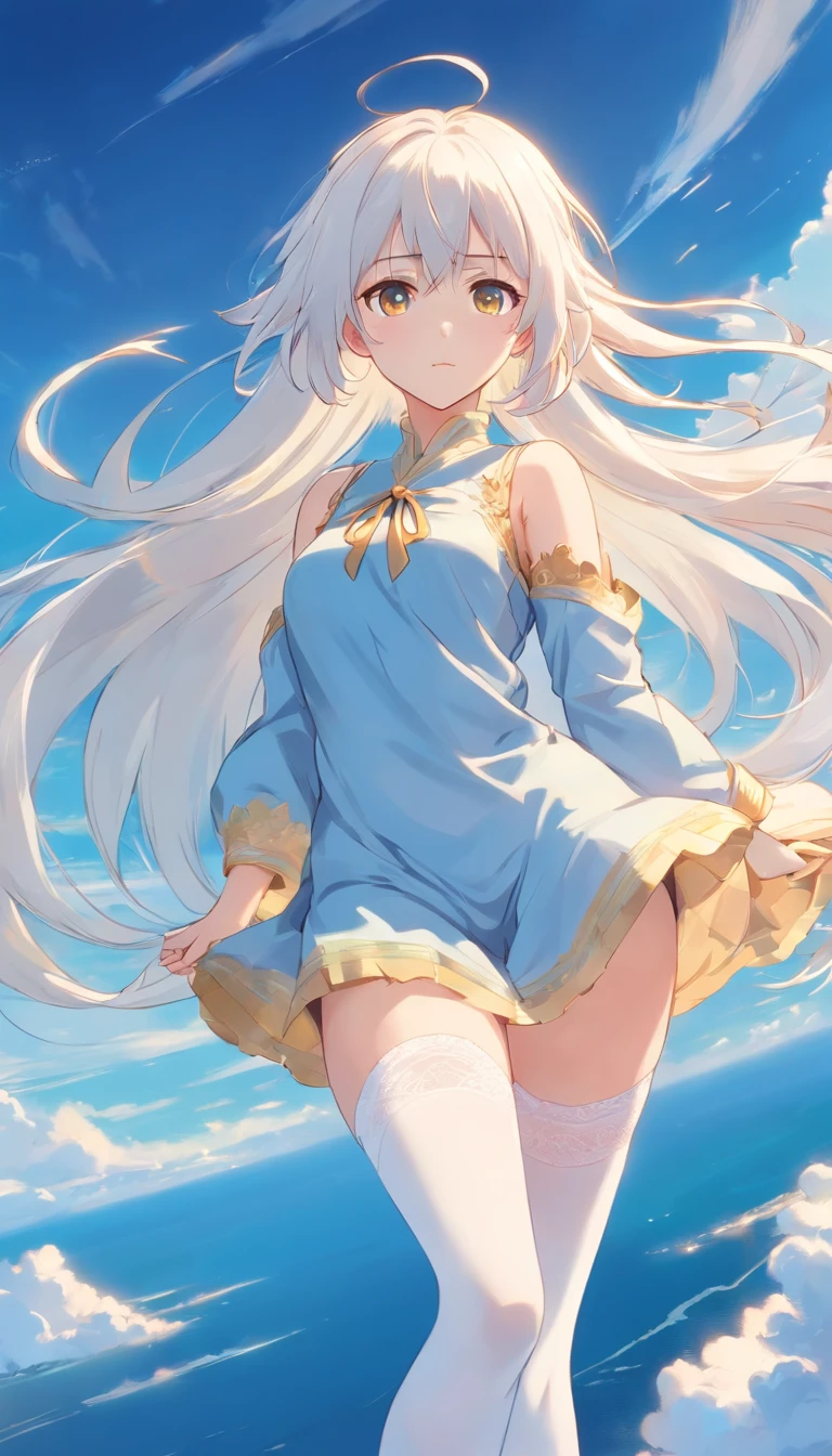 Golden eyes,Long white hair and white stockings,Cyan and blue clothes,Shoulders bare, China-style,Tall and tall,,Indifferent expression,Sea of clouds