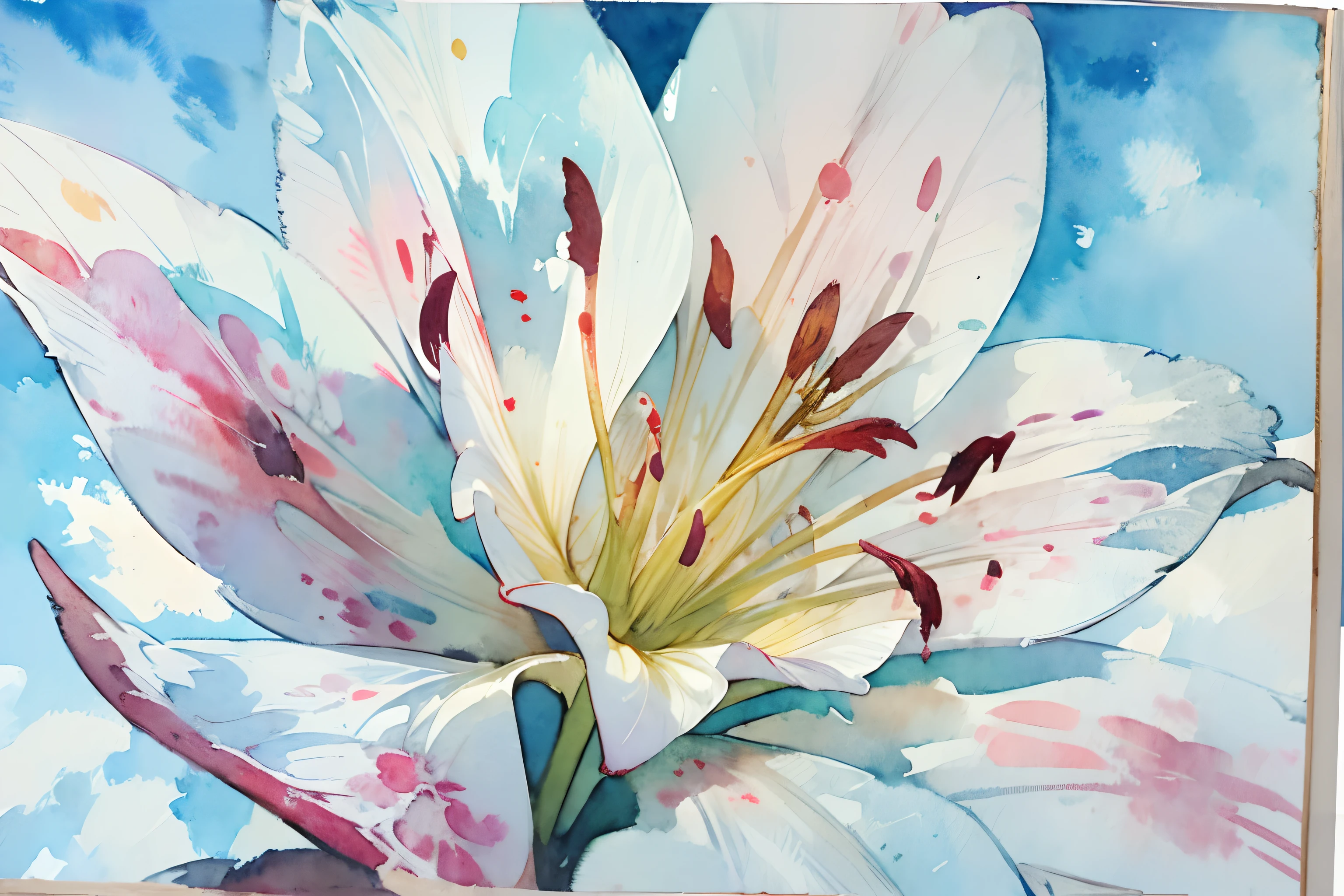 ((masutepiece)), (Professional Photography:1.2), (High Definition:1.3), Best Quality, (watercolor painting:1.3), from below, wide shot, beautiful lily, blue sky, (simple white background:1.10), pale blue fine ink splashing