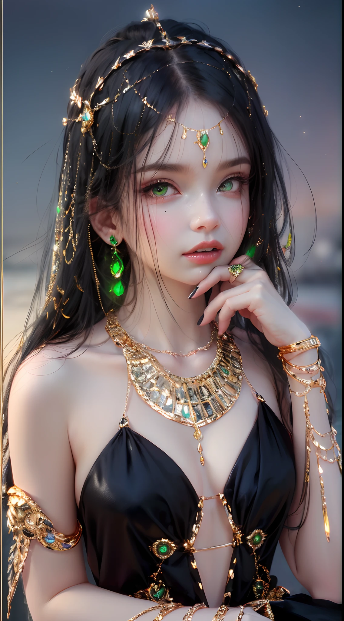 1 beautiful young princess, ((beautiful princess no longer a :1.8)), ((wearing a black armored dress with gold trim in ancient hanfu style:1.6)), (((Exquisite patterns on the skirt:1.6))), ((braided hair with long black bangs: 1.6)), ((long bangs:1.6)), ((hair jewelry:1.9)), ((upper body gold jewelry:1.9)), ((Very delicate gold necklaces:1.7)), ((earrings with emeralds:0.8)), noble, noble style of an extremely beautiful girl, super cute little face, very pretty face, fur thin eyebrows, flawless beautiful face, ((black eye pupils: 0.8)), very beautiful eyes, ((green eyes eyes: 1.6)), beautiful makeup and detailed hairdo, eyelashes, eye makeup wet, high nose, earrings, red lips, ((closed mouth: 1;5 )) beautiful lips, slim hands, ((arms spread out to the sides: 1.7)), rosy face, clean face, flawless beautiful face, smooth white skin, firm breasts, nice cleavage, ((super big and round breasts: 1.6)), beautiful breasts, perfect body, ((Sit back and puff out your chest, arms behind you:1.6)), 8k photos, super high quality, super realistic, super 10x pixels, optical, bright studio, bright edges, two-tone lighting, (high detail skin:1.2), super 8k, soft lighting , high quality, volumetric light, optical, optical high resolution, light, best photo, 4k, 8k quality, blur effect, smooth sharpness, 10 x pixels, ((beach at night background:1.5)), aurora, lightning, super realistic graphics, most realistic graphics, alone, solo, Extremely sharp, surreal images, (((frontal portrait: 1.3)))."