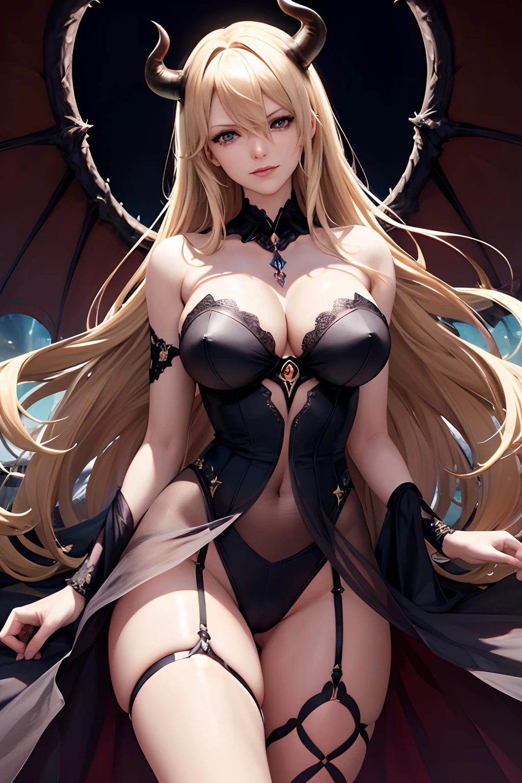 Stormy Daniels ultra-detailed: The Empress of Darkness, Background to the destruction of hell, diabolique, insidieux, invincible, couronne sombre, Evil queen, Robe noire et rouge, demon wings dans le dos, Demon horn, Realistic detailed brown eyes, Shaded illustration of a high-quality cell in hell, corps entier, pose dynamique, anatomie parfaite, centered, Freedom, soul, Approche de la perfection, Ombrage de cellule, 8k , Cinematic dramatic atmosphere, Illumination globale, detailed and intricate environment, ArtStation, Art conceptuel, mise au point fluide et nette, volumeric lighting, lighting cinematic