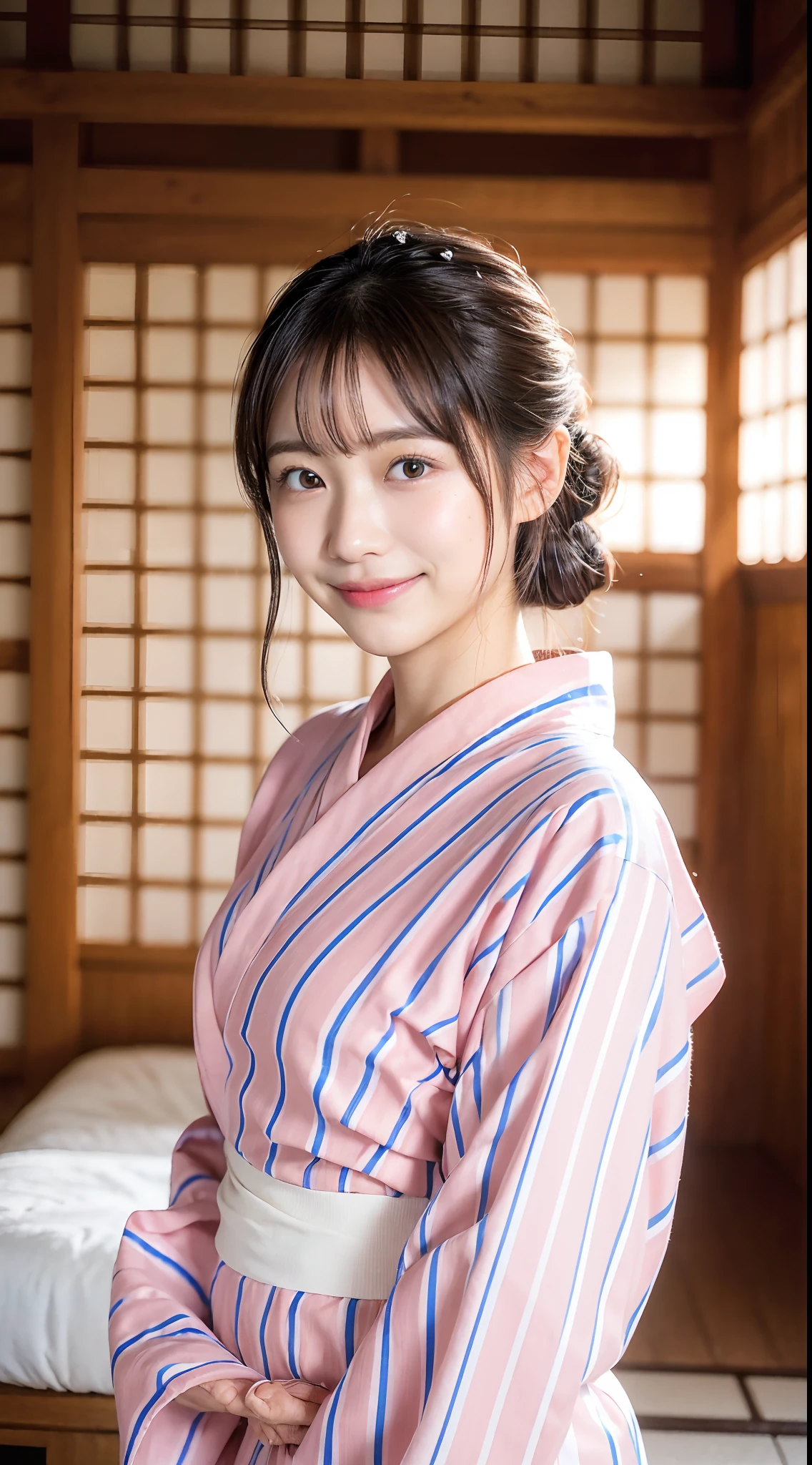 (natta:1.7), East Asian Architecture, 1womanl, sixteen years old、Beautiful shiny straight semi-long、Beautiful fingers,Beautiful long legs,Beauty Body,Cute nose,Beautiful character design,perfect eyes,face perfect,looking at viewert,(Innocent_Big_Eyes:1.0),(light_Smile:0.3),offcial art,ighly detailed ,(tmasterpiece:1.0),(best_quality:1.0), 超A high resolution,4K,ultra - detailed, photography of, 8K, nffsw, hight resolution, the background is blurred, (Beautiful_Face:1.5),(8K,Raw photo, 、Relax at a ryokan in Japan、The background is an ordinary inn(Depict the inside of the room more widely:1.2)(Girls are not subjects:1.3) (Hair after a bath:1.3)), ((There is a large Japan garden outside the inn..........................:1.3),((Girl is outdoors in beautiful Japan garden at night:1.3))((The main character is Japan garden))(((Girl in a yukata at an inn、Walk through the inn's passages at night:1.3)),((On the right is a beautiful Japan garden lit up.................:1.3))((Rock garden of Kyoto Ryoanji Temple:1.3))((Full body like:1.3))(((No need for a Korean yukata or Korean-style hairstyle.:1.9)))((Yukata does not need gloss at all..:1.8))),(((faithfully, Realistic and accurate depiction of a purely Japan yukata、reproduction:1.5)))((White and light blue stripes:1.7)),((Light Pink Band))((A slight smile:1.3))