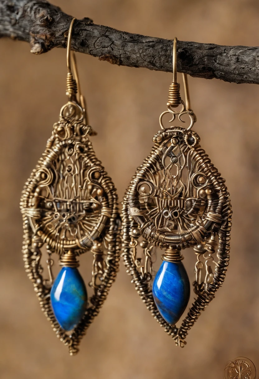 Gold wire woven flame earrings, Flames, Handmade, Traditional weaving techniques, Small size, Set with Boulder Opals, The main colors are blue and white, 8K resolution on bulbs – no soldering required