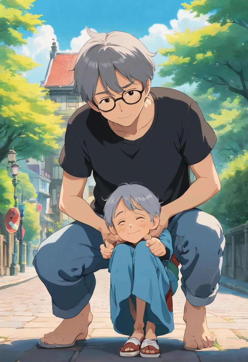 a young man with a stylish black t-shirt and a pair of trendy jeans, compassionately lending a helping hand to an elderly woman who has unfortunately fallen to the ground. The old woman is gracefully clad in a dignified black and gray uniform that has slightly wrinkled from the fall. The scene unfolds in a serene park,, creating a peaceful atmosphere. Captured from a Dutch Camera Angle, the wide Long Shot perspective offers a cinematic view of the heartwarming interaction. with vibrant colors and intricate detailing that highlights the emotions and connections between the characters.
