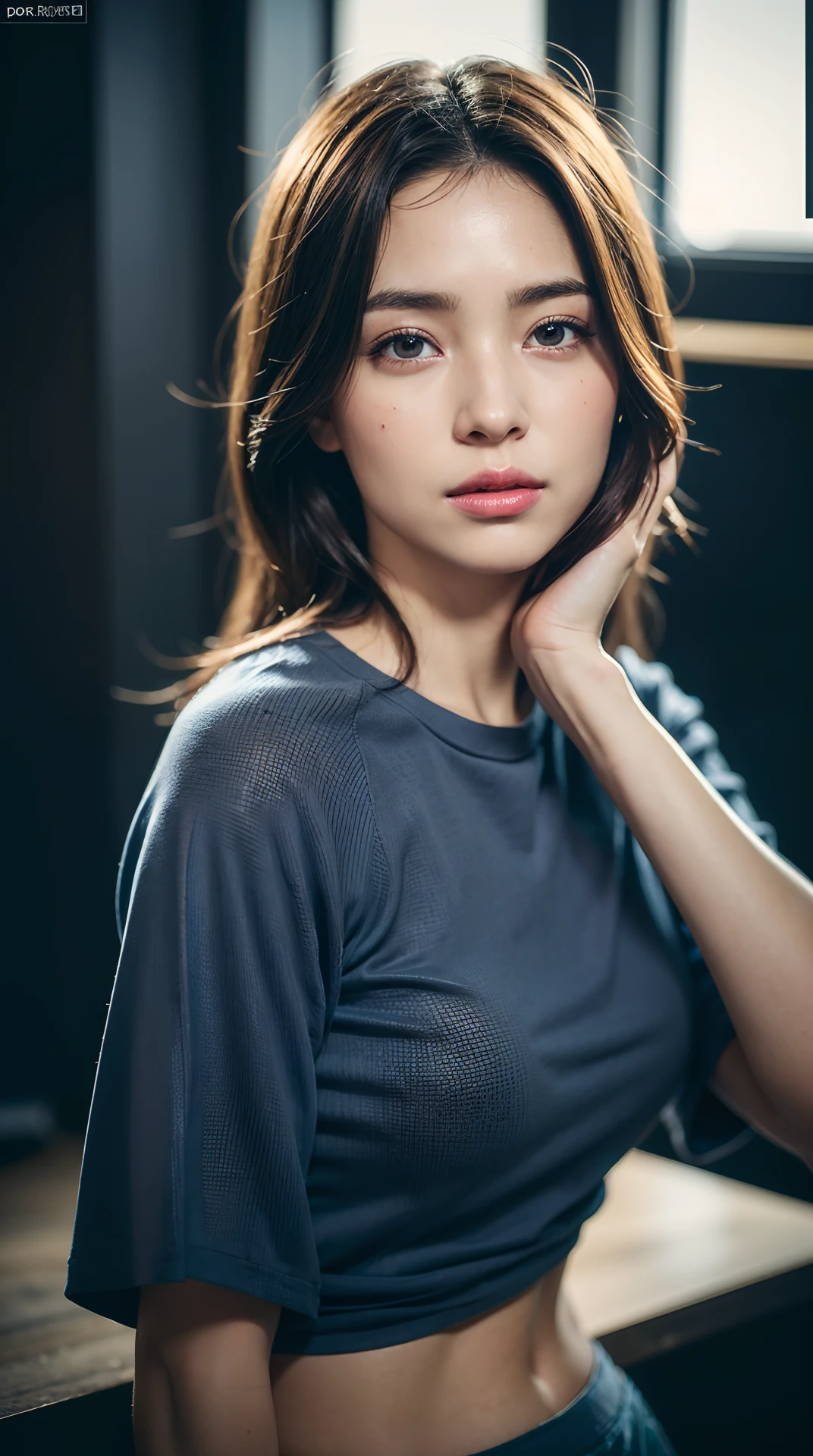 dressed, (photo realistic:1.4), (hyper realistic:1.4), (realistic:1.3), (smoother lighting:1.05), (increase cinematic lighting quality:0.9), 32K, 1girl,20yo girl, realistic lighting, backlighting, light on face, ray trace, (brightening light:1.2), (Increase quality:1.4), (best quality real texture skin:1.4), finely detailed eyes, finely detailed face, finely quality eyes, (tired and sleepy and satisfied:0.0), face closeup, t-shirts, (Increase body line mood:1.1), (Increase skin texture beauty:1.1)