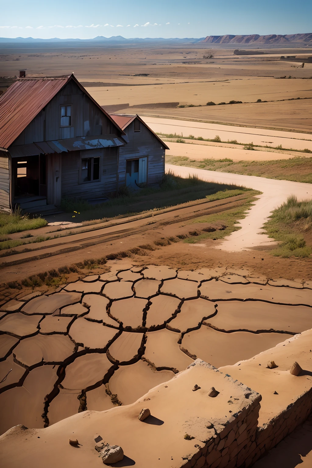 (dry farmland, abandoned houses), oil painting, vivid colors, somber lighting, detailed brushstrokes, rustic landscape, desolate atmosphere, textured soil, cracked ground, broken windows, faded paint, overgrown weeds, empty streets, nostalgic mood, timeless beauty, forgotten memories, haunting charm, serene tranquility, rural decay, weathered architecture, faded grandeur, abandoned dreams, melancholic ambiance, peaceful solitude, silent echoes, lost stories, a quiet moment in time